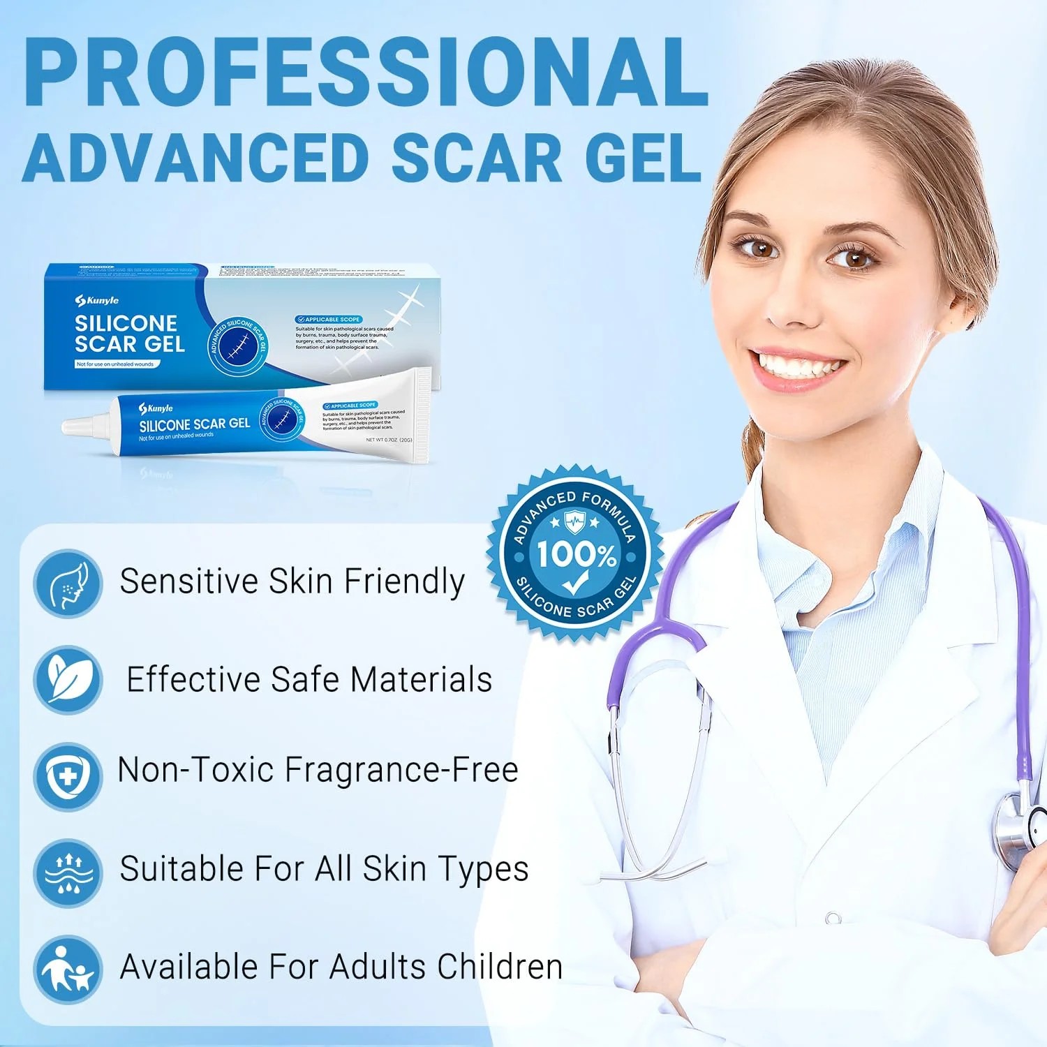 Kunyle Silicone Scar Gel, Scar Cream, Advanced Scar Gel for Surgical Scars, Stretch Marks, Keloid Bump Removal, Old and New Scars 0.70oz (20g) - Image 9