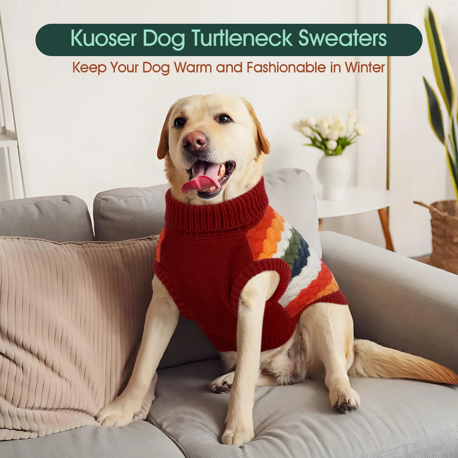 Kuoser Dog Sweater, Thermal Dog Sweaters for Medium Dogs Girl Boy, Puppy Christmas Sweater Thrtleneck Knitwear, Cozy Sweaters for Dogs, Thanksgiving Pet Outfit Warm Clothes for Fall Winter, Red M - Image 6