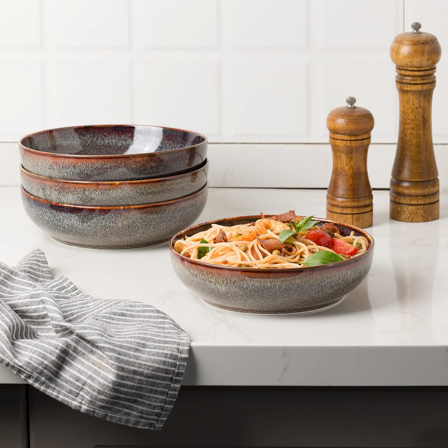 KYBSCZ 30oz Ceramic bowls set of 4-8" serving bowls for Kitchen,Pasta,Salad-Dishwasher & Microwave Safe Perfect for Housewarming, Thanksgiving, Christmas-Caramel Brown - Image 6