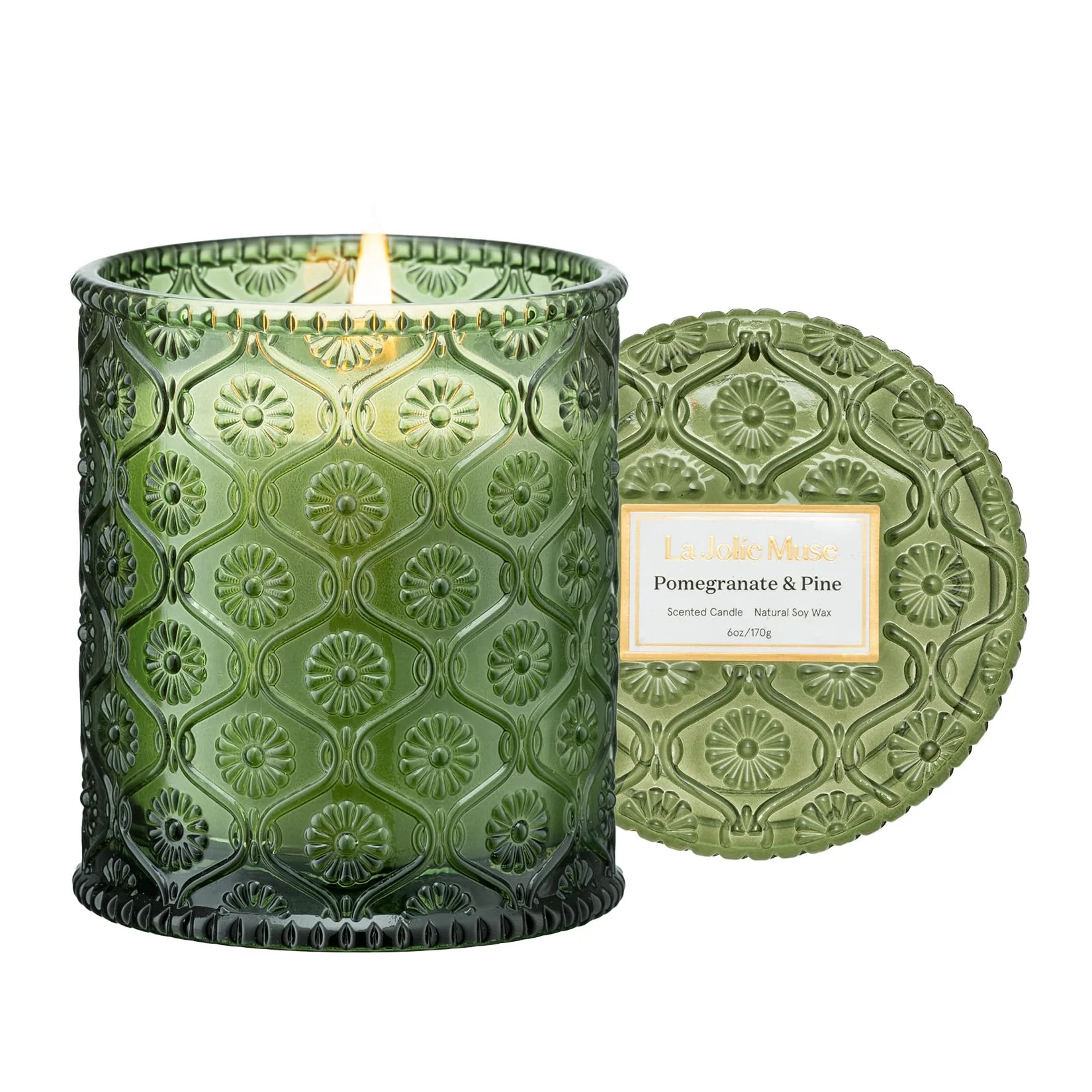 LA JOLIE MUSE Christmas Candles, Pine & Pomegranate Candle -Lemon, Pomegranate & Pine | 6 oz Natural Soy Wax | 40 Hours Clean Burn | Gift-Ready for Hosts, Gatherings | Elegant Home Décor
