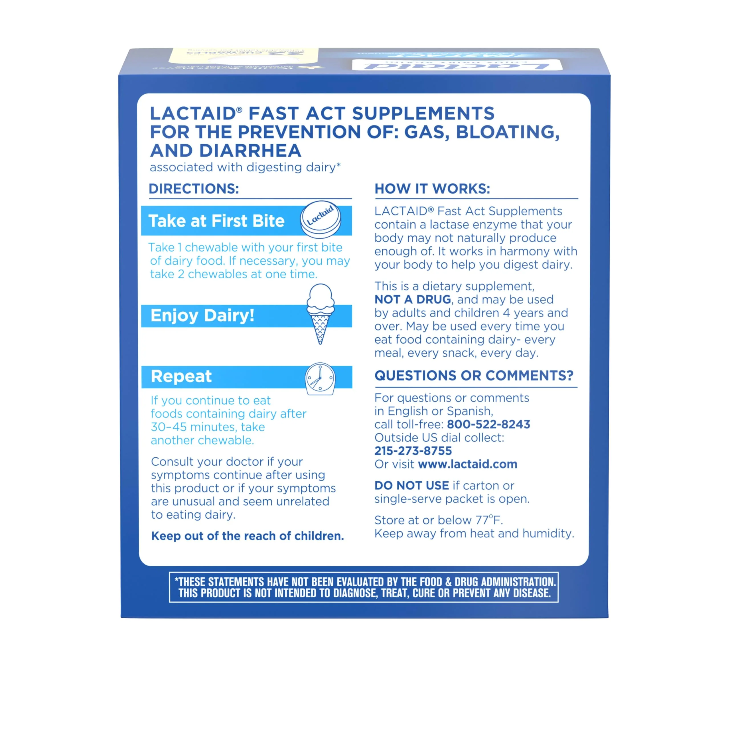Lactaid Fast Act Lactose Intolerance Relief Chewables with Natural Lactase Enzyme to Prevent Gas, Bloating & Diarrhea Due to Lactose Sensitivity, On-The-Go, Vanilla Twist Flavor, 32 x 1 ct - Image 2
