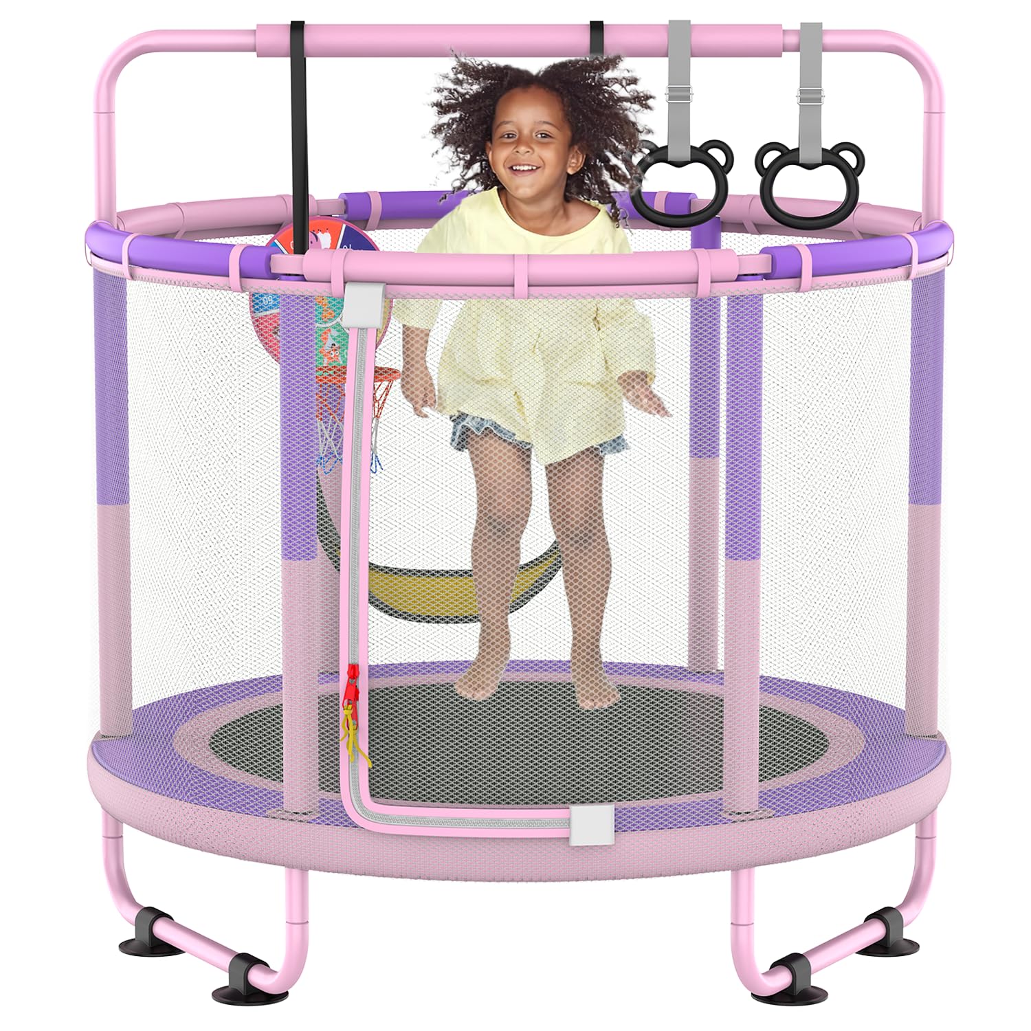 LANGXUN 60" Trampoline for Kids, 5ft Toddler Mini 6-in-1 Trampoline Indoor Outdoor with Swing, Basketball Hoop, Dart Board, Rings, Christmas Toys Birthday Gifts for Girls Boys