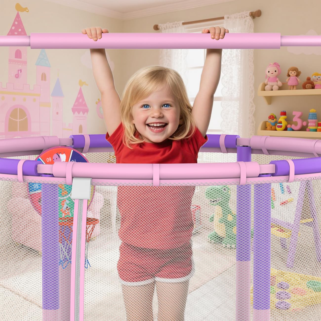 LANGXUN 60" Trampoline for Kids, 5ft Toddler Mini 6-in-1 Trampoline Indoor Outdoor with Swing, Basketball Hoop, Dart Board, Rings, Christmas Toys Birthday Gifts for Girls Boys - Image 2