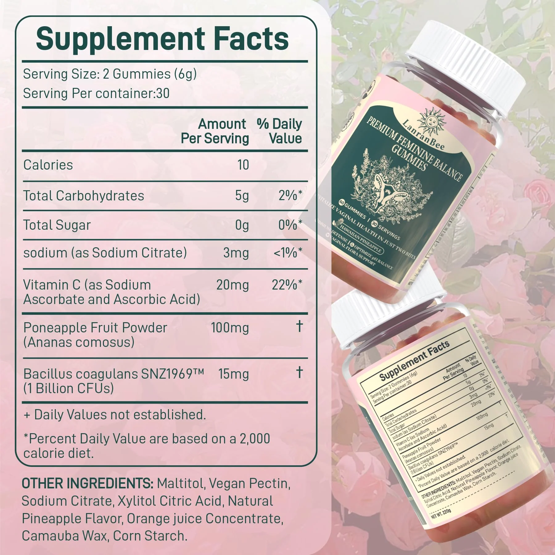 LanranBee Premium Feminine Balance Gummies - for Women’s Health & Wellness - Immune Support - Vegan, Gluten-Free & Halal - Hawaiian Pineapple - 60 Gummies - 30 Servings (2) - Image 3