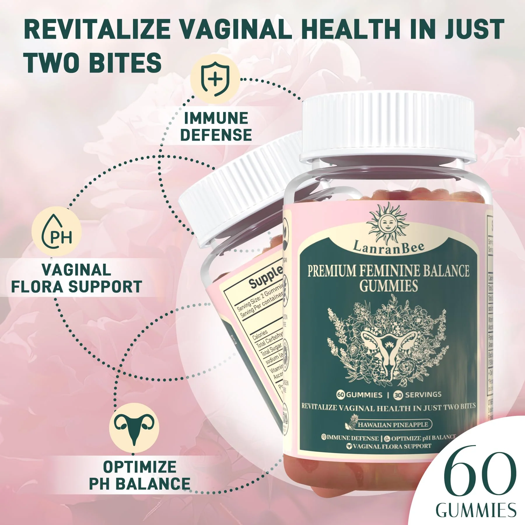 LanranBee Premium Feminine Balance Gummies - for Women’s Health & Wellness - Immune Support - Vegan, Gluten-Free & Halal - Hawaiian Pineapple - 60 Gummies - 30 Servings (2) - Image 6