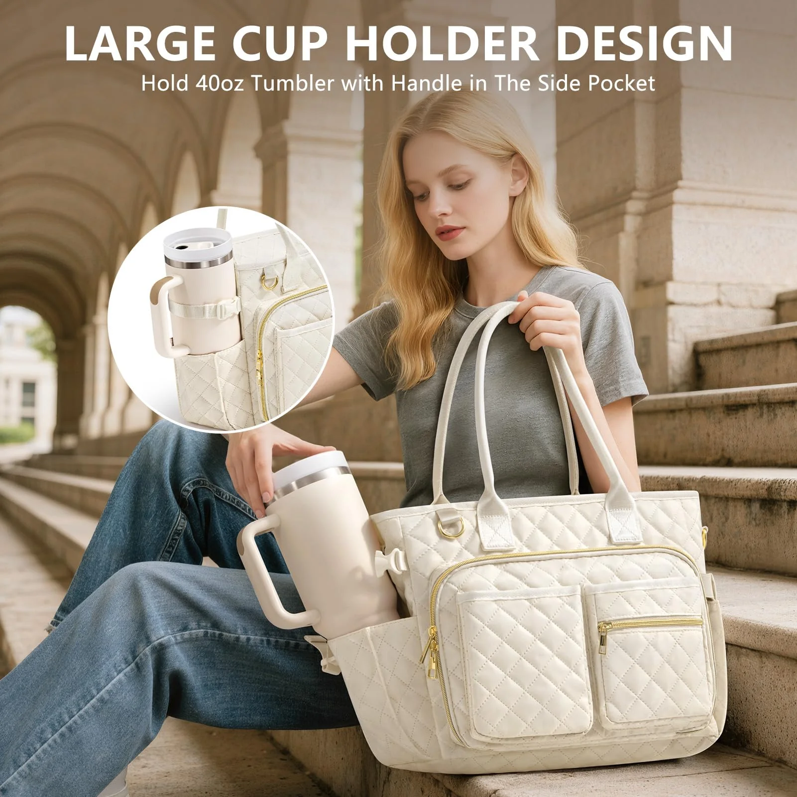 Large Bible Bag with Bible Cover Case for Women, Quilted Church Tote Bag Bible Carrying Case w/Shoulder Strap, Bible Study Supplies Journaling Kit Bible Accessories Christmas Christian Gifts for Women - Image 6