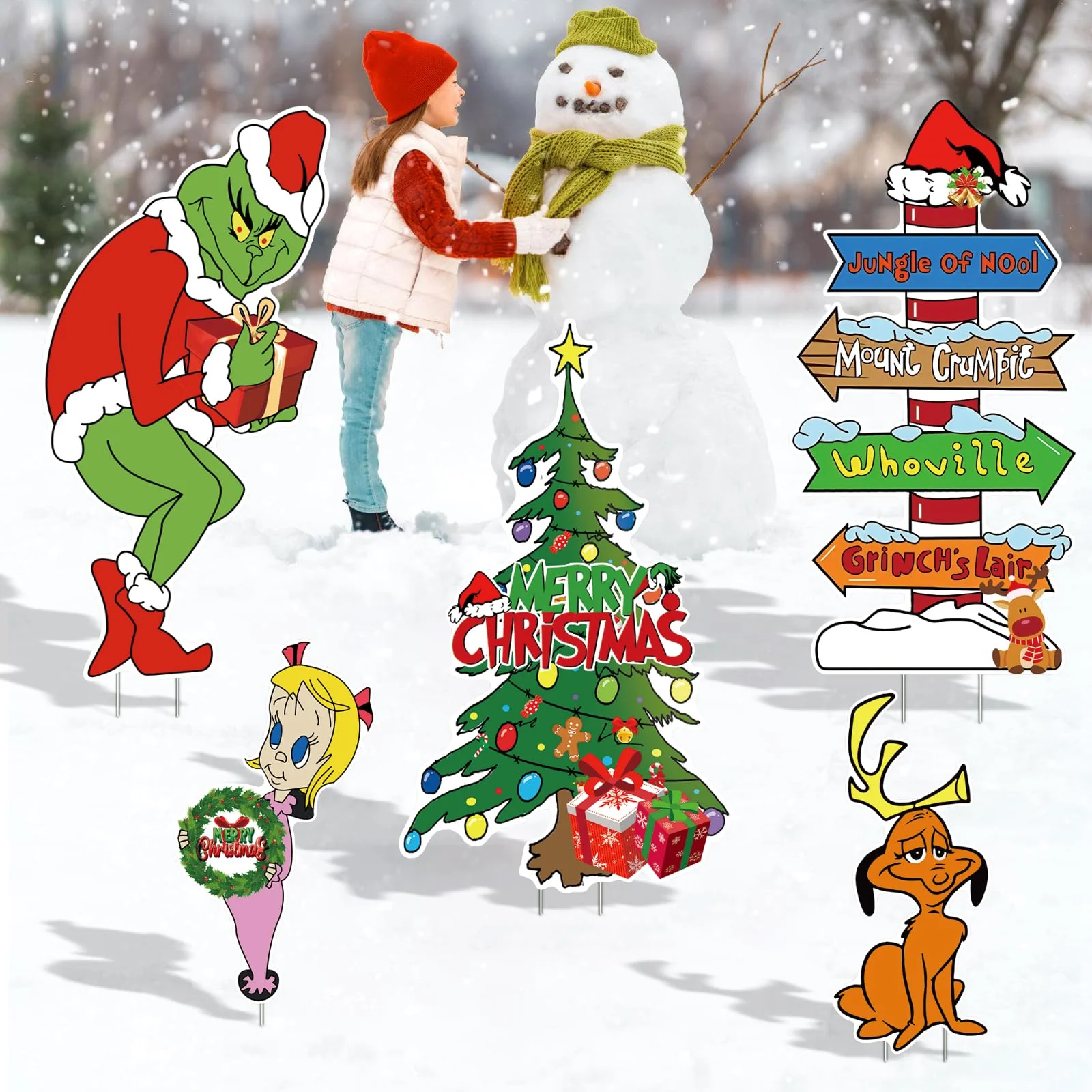 Large Christmas Yard Signs Outdoor-(With lights) 5PCS Whoville Christmas Decorations,Funny Green Monster Stealing Party Supplies Holiday Decorations - Image 3