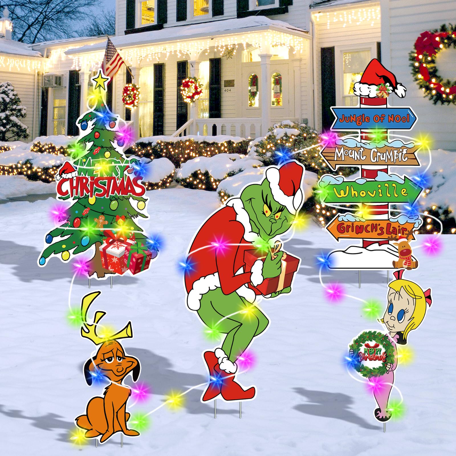 Large Christmas Yard Signs Outdoor-(With lights) 5PCS Whoville Christmas Decorations,Funny Green Monster Stealing Party Supplies Holiday Decorations - Image 4
