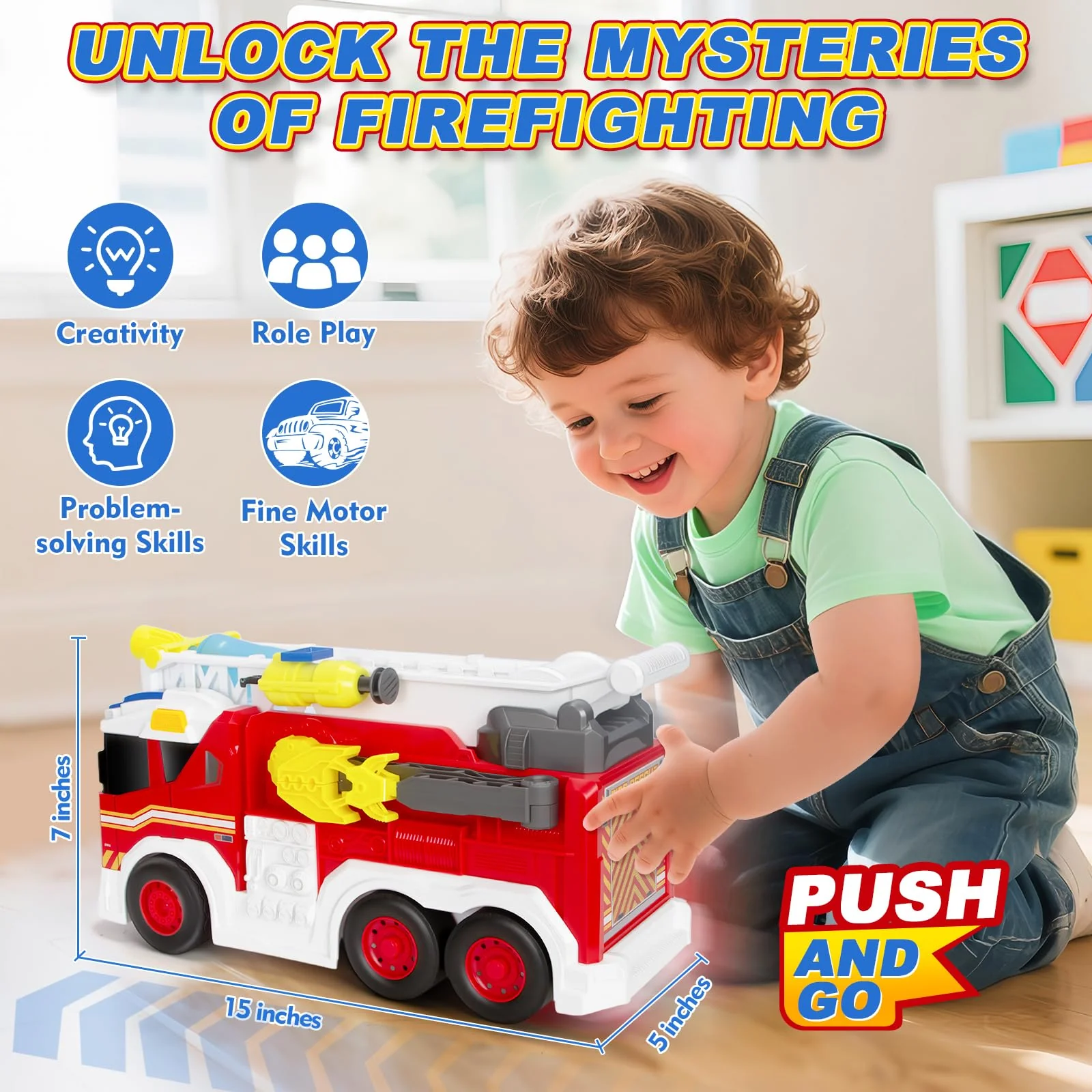 Large Fire Trucks Toys for Toddlers, Kids Toys for 3 4 5 6 7 8 Years Old Boys, 15" Firetruck Toy for Kids with Ladder, Lights, Sounds & Water Shooting, Christmas Birthday Gifts for Boys & Girls - Image 7