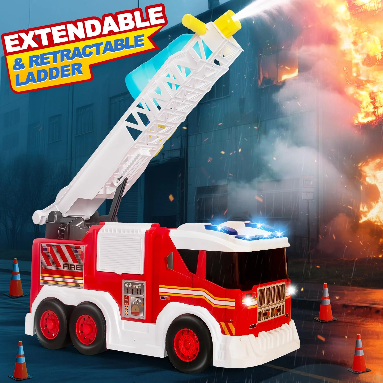 Large Fire Trucks Toys for Toddlers, Kids Toys for 3 4 5 6 7 8 Years Old Boys, 15" Firetruck Toy for Kids with Ladder, Lights, Sounds & Water Shooting, Christmas Birthday Gifts for Boys & Girls - Image 8