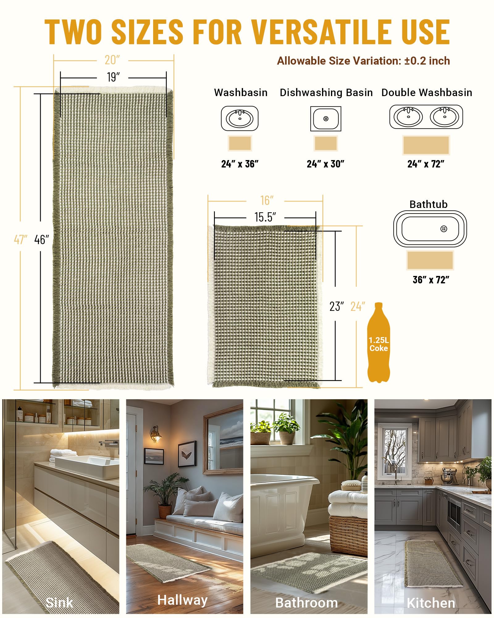 Large Waffle Bath Mat Set Non Slip, Ultra Absorbent Bath Mats for Christmas Bathroom Decor, Extra Soft Floor Bathroom Rugs Sets 2 Piece, Washable Bath Rugs Set, Green & White, 20"×47" and 16"×24" - Image 5