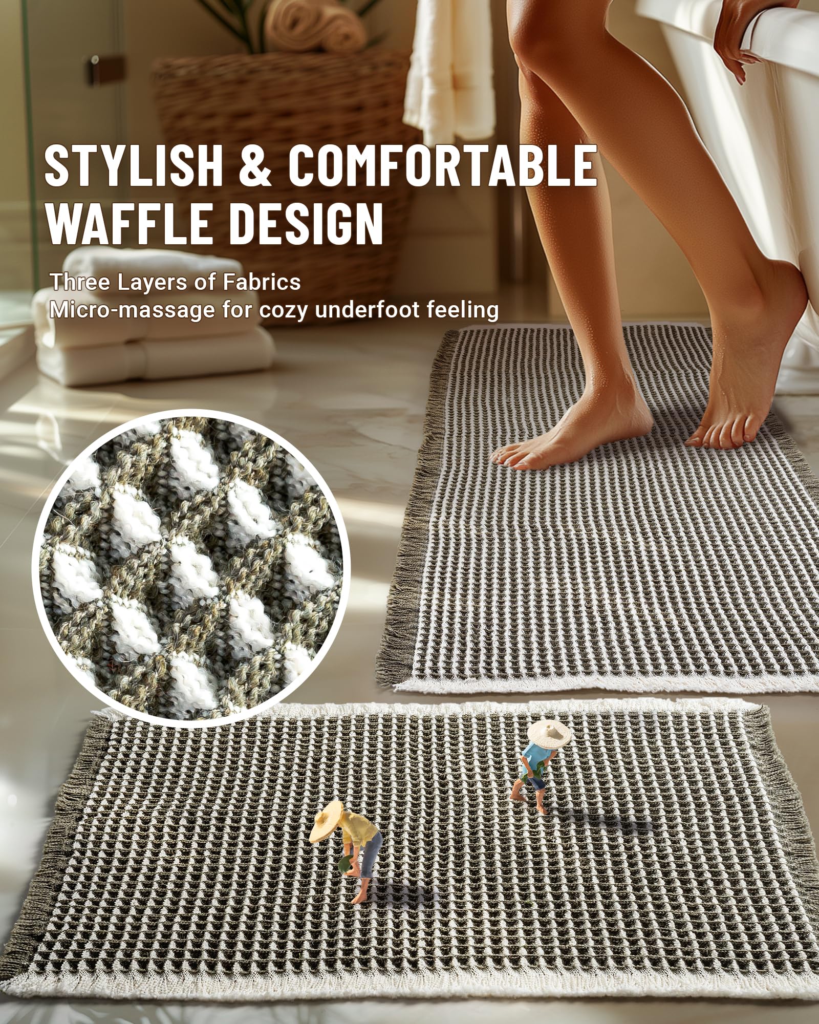 Large Waffle Bath Mat Set Non Slip, Ultra Absorbent Bath Mats for Christmas Bathroom Decor, Extra Soft Floor Bathroom Rugs Sets 2 Piece, Washable Bath Rugs Set, Green & White, 20"×47" and 16"×24" - Image 8