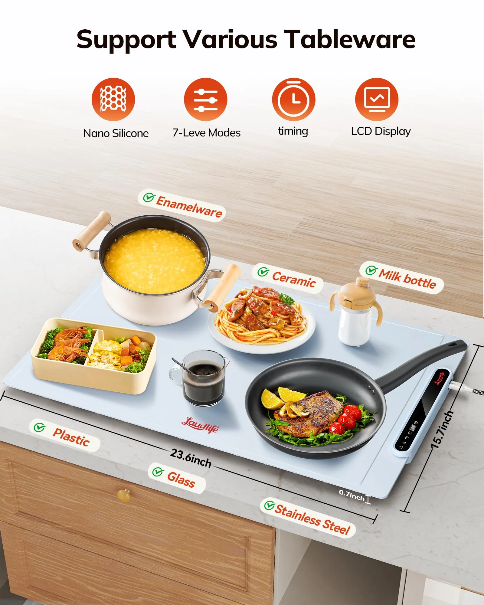 Laudlife Electric Warming Mat for Food, Roll-Up Silicone Heating Pad with 7 Adjustable Tempmaster Levels, Foldable Warming Tray for Countertop,Buffet Party, Kitchen & Home, Child Lock, Light Blue - Image 5