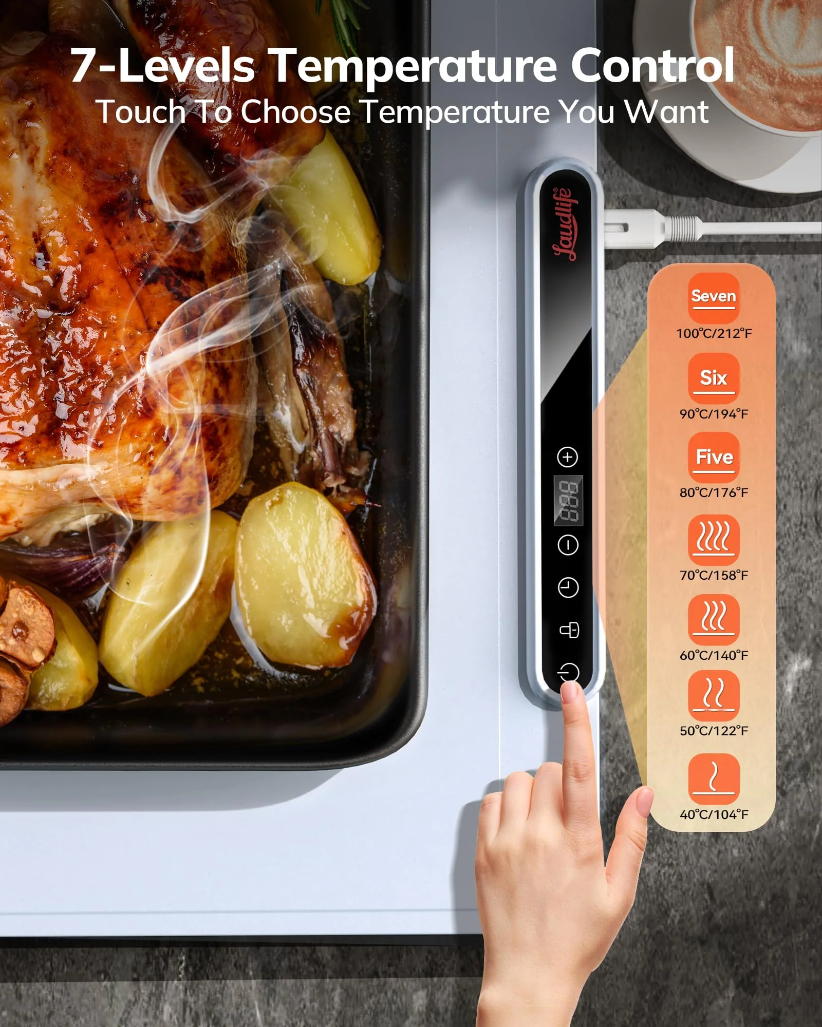 Laudlife Electric Warming Mat for Food, Roll-Up Silicone Heating Pad with 7 Adjustable Tempmaster Levels, Foldable Warming Tray for Countertop,Buffet Party, Kitchen & Home, Child Lock, Light Blue - Image 7