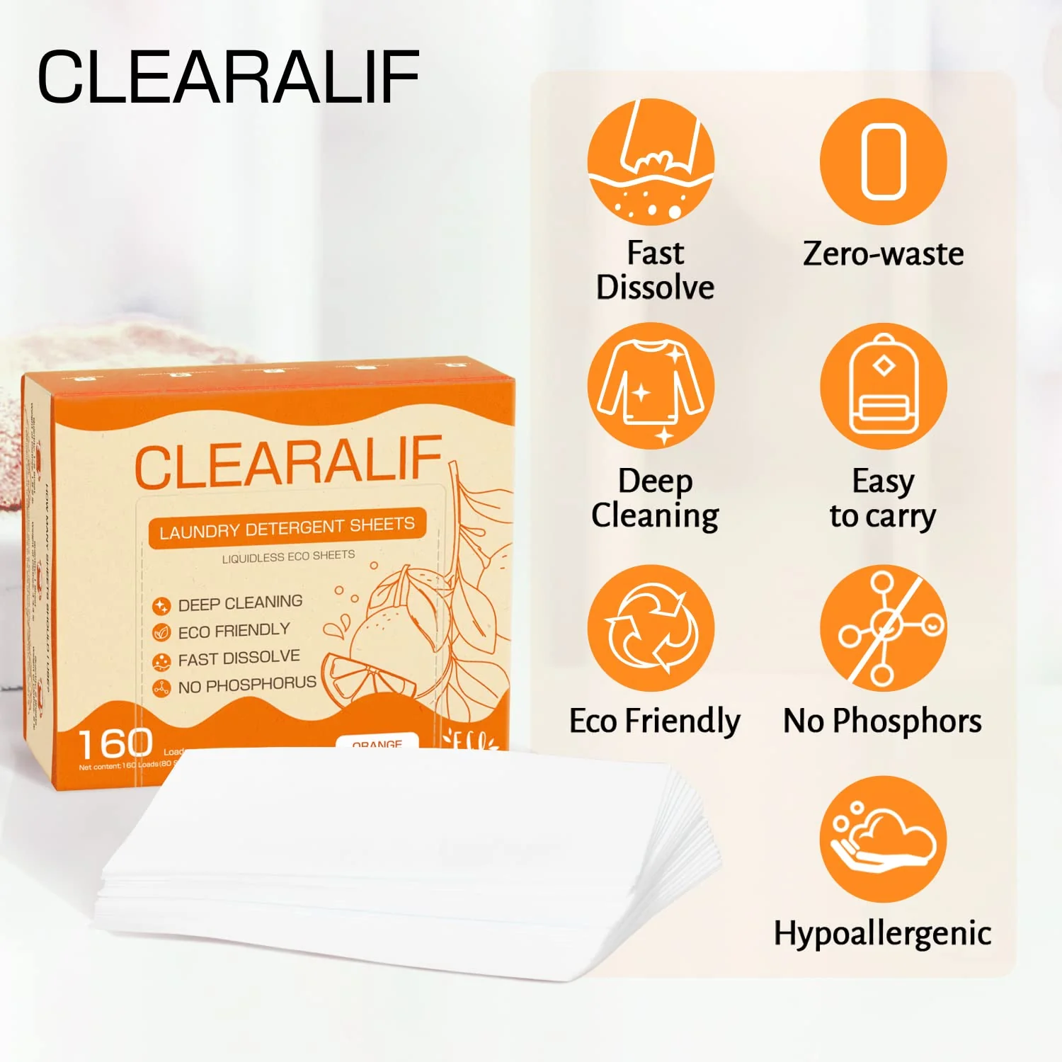 Laundry Detergent Sheets (480 Loads), Orange,Great For Travel,Apartments, Dorms,CLEARALIF Laundry Detergent Strips Eco Friendly & Hypoallergenic (80 Count, Pack of 3) - Image 3