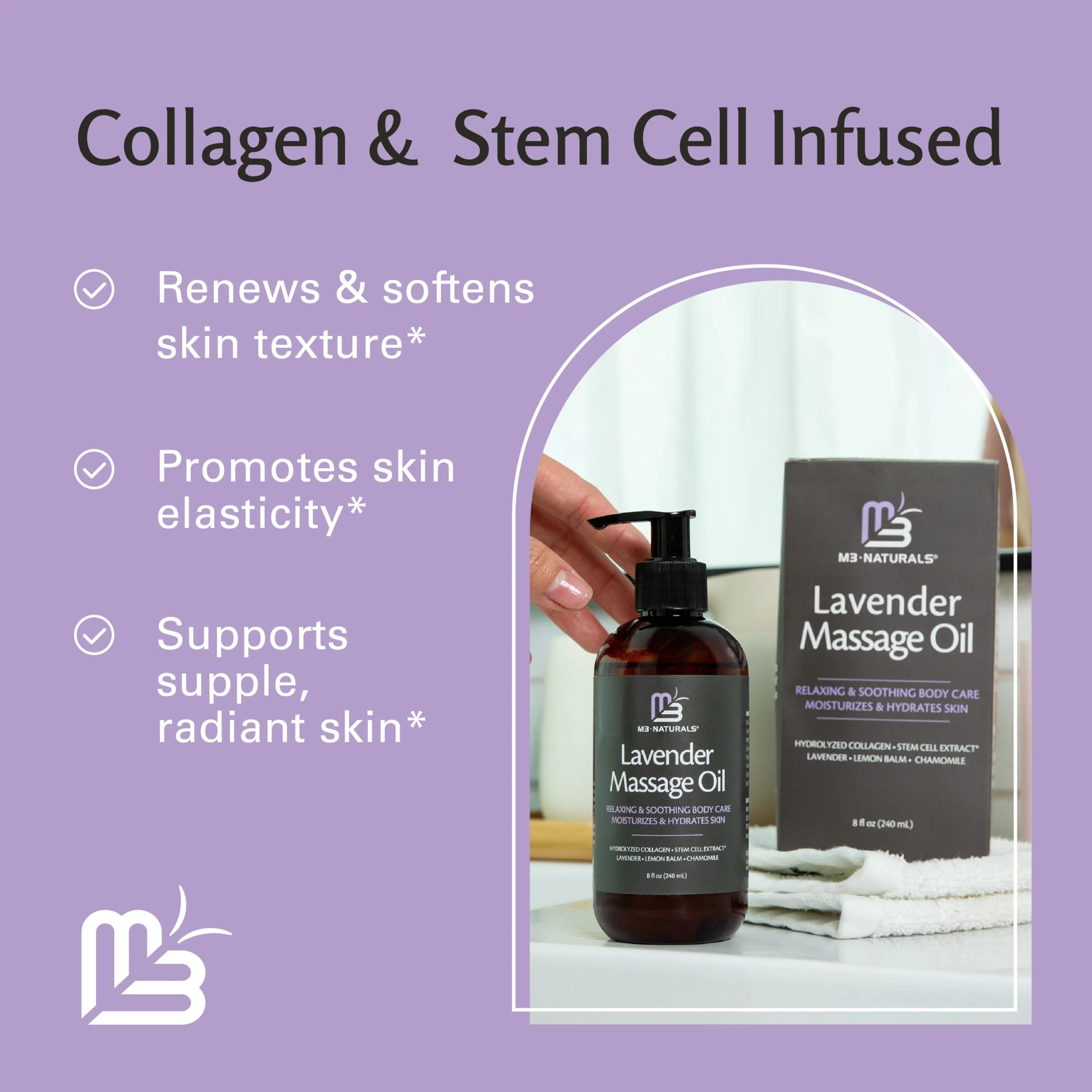 Lavender Massage Oil with Collagen and Stem Cells - Skin Firming Therapy Oil for Cellulite and Quick Absorption on Bum, Thighs, and Belly by M3 Naturals (Pack of 2) - Image 3