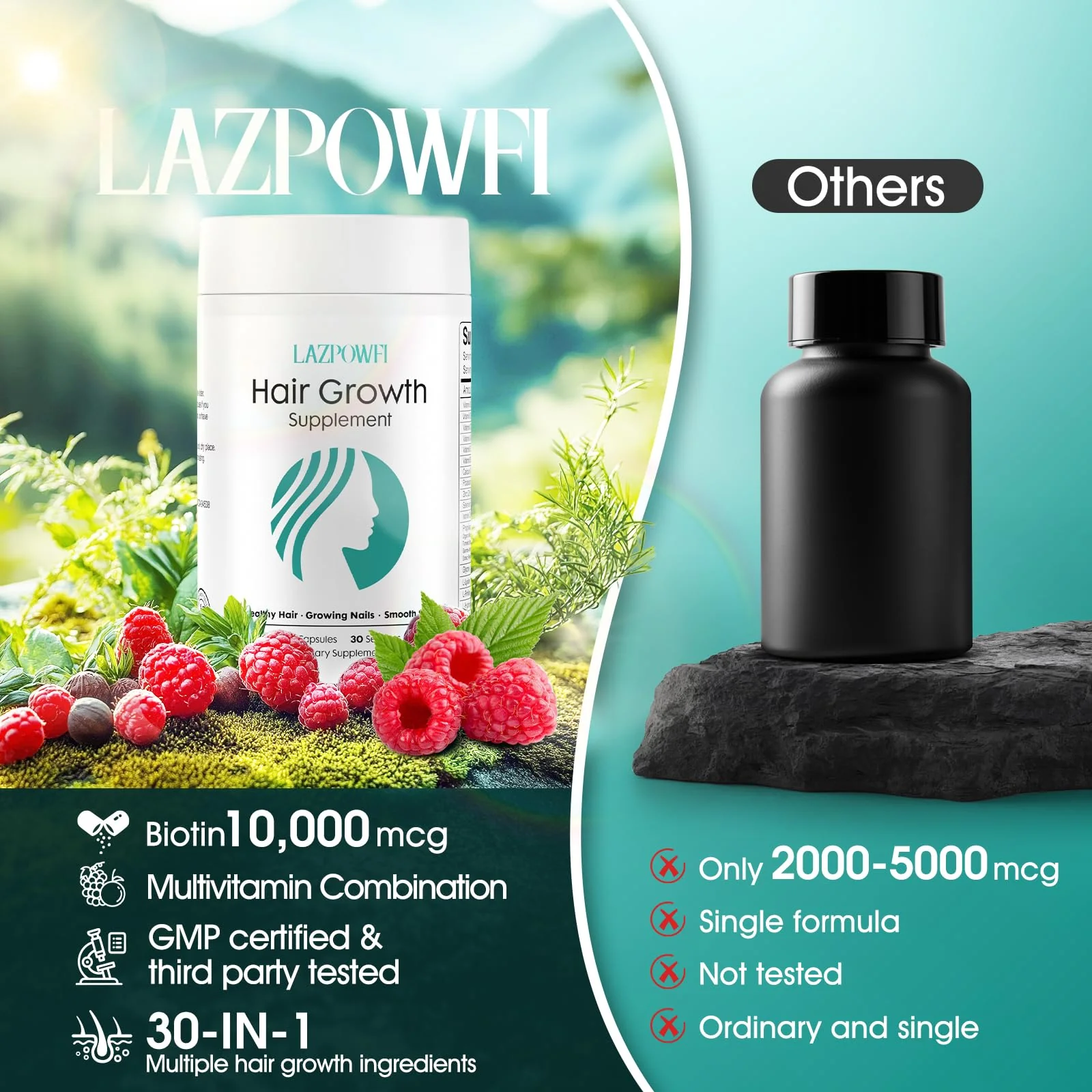 Lazpowfi Hair Growth Products, Biotin 10000mcg, 30-in-1 with Vitamin A, B3, C, D, E, Calcium, Hair Growth Supplement, Supports Hair & Nails Natural Growth Vitamins, for Women & Men - 30 Servings - Image 5