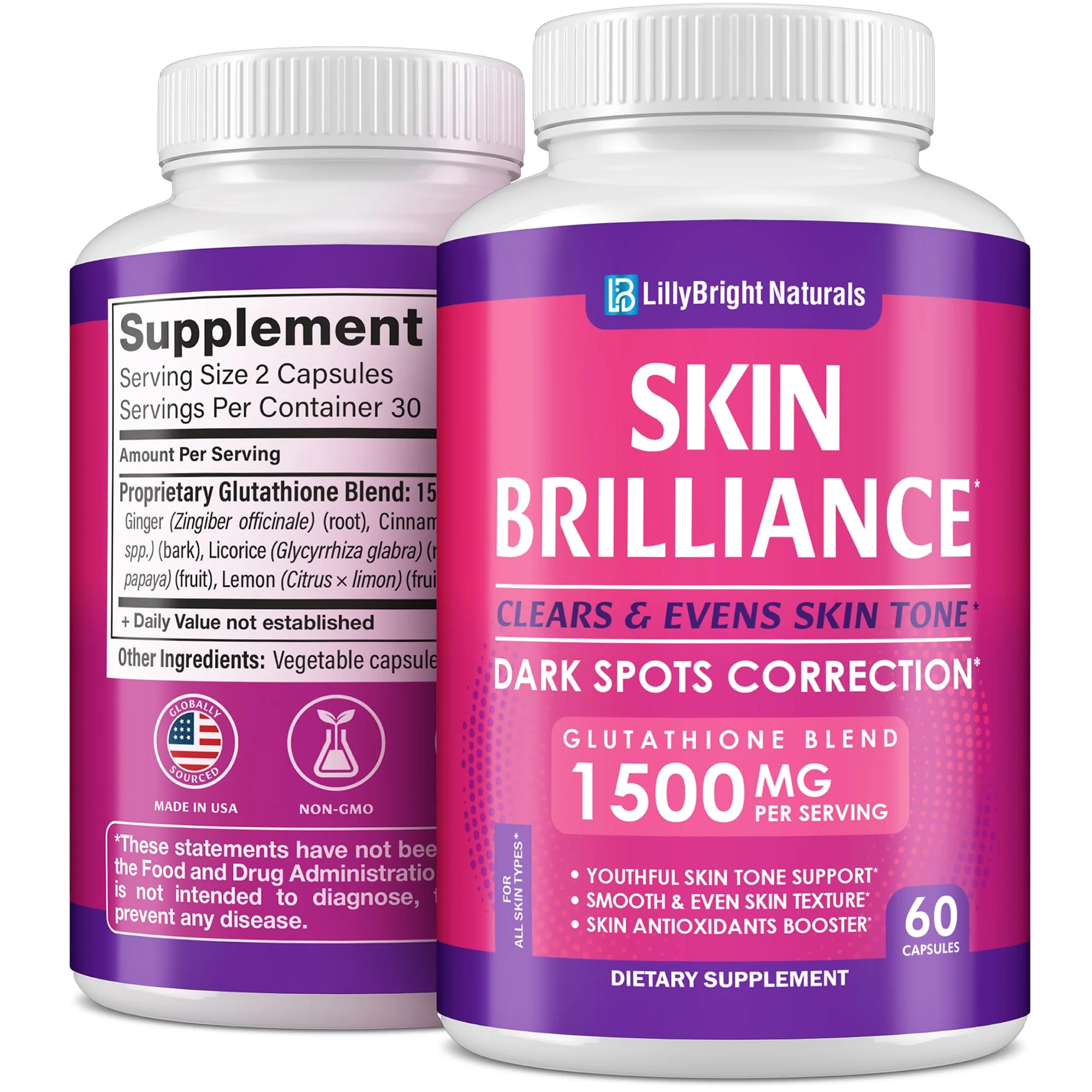 LB LILLYBRIGHT NATURALS Glutathione Capsules - 1,500mcg L-Glutathione Supplement with Vitamin C - Skin Tone Enhancer - Targets Dark Spots & Acne Marks - Potent Antioxidant - 60 Skin Pills