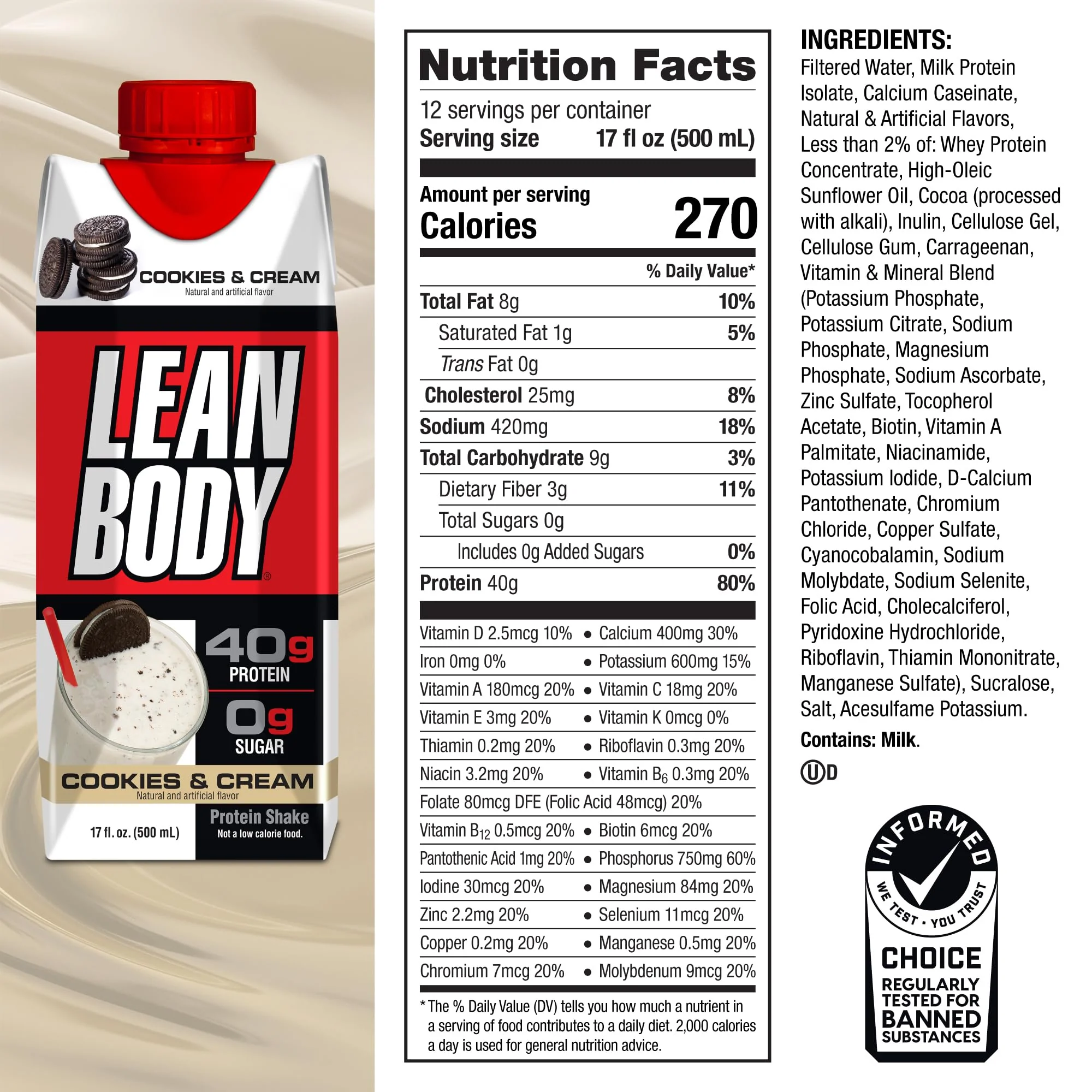 Lean Body Ready-to-Drink Cookies and Cream Protein Shake, 40g Protein, Whey Blend , 0 Sugar, Gluten No, 22 Vitamins & Minerals, (Recyclable Carton & Lid - Pack of 12) LABRADA , 17 Fl Oz (Pack of 12) - Image 2