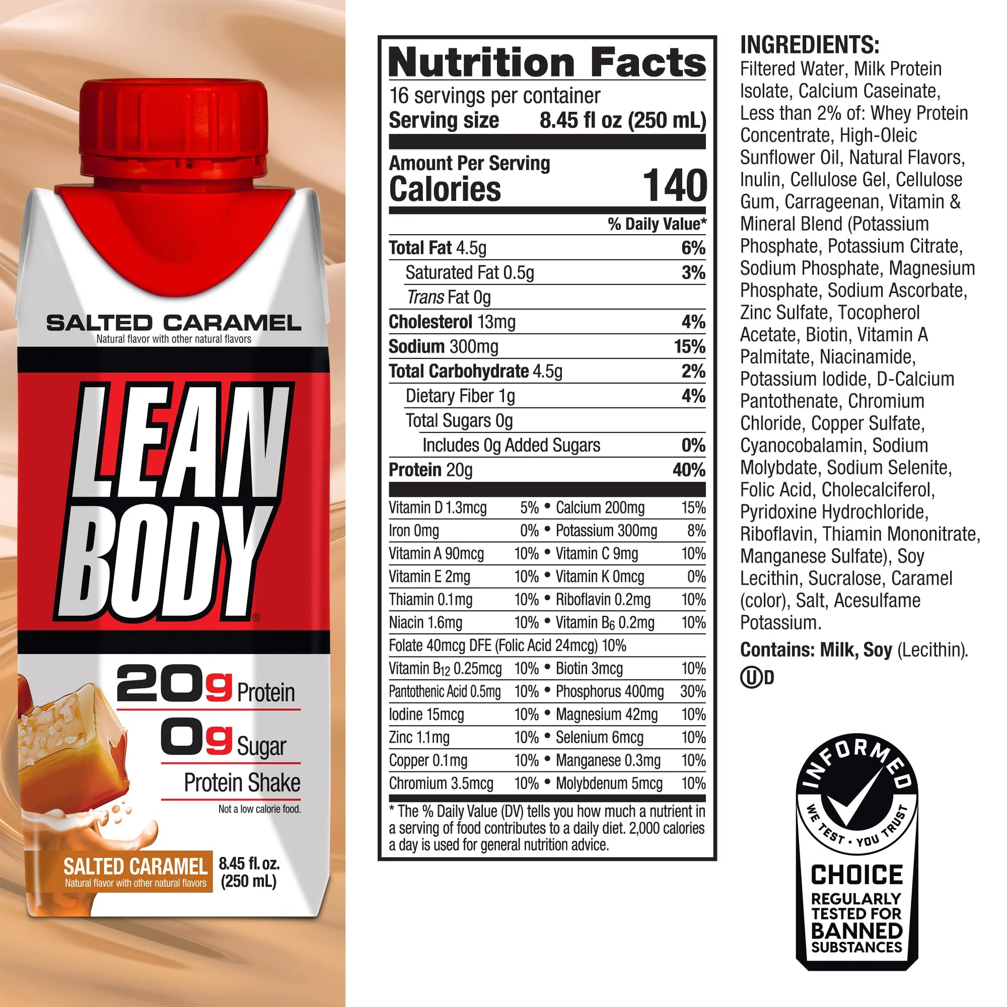 Lean Body Ready-to-Drink Salted Caramel Protein Shake, 20g Protein, Whey Blend, 0 Sugar, Gluten Free, 22 Vitamins & Minerals, (Recyclable Carton & Lid - Pack of 4) - Image 2