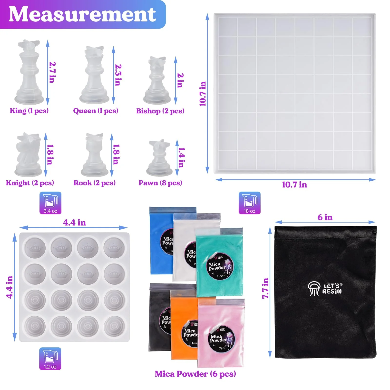 LET'S RESIN Chess Molds for Resin Casting, Upgraded Resin Chess Set Mold with 16 Piece 3D Full Size Chess Checkers & Chess Board Epoxy Silicone Resin Molds, DIY Chess Board Game, Christmas Gifts - Image 7