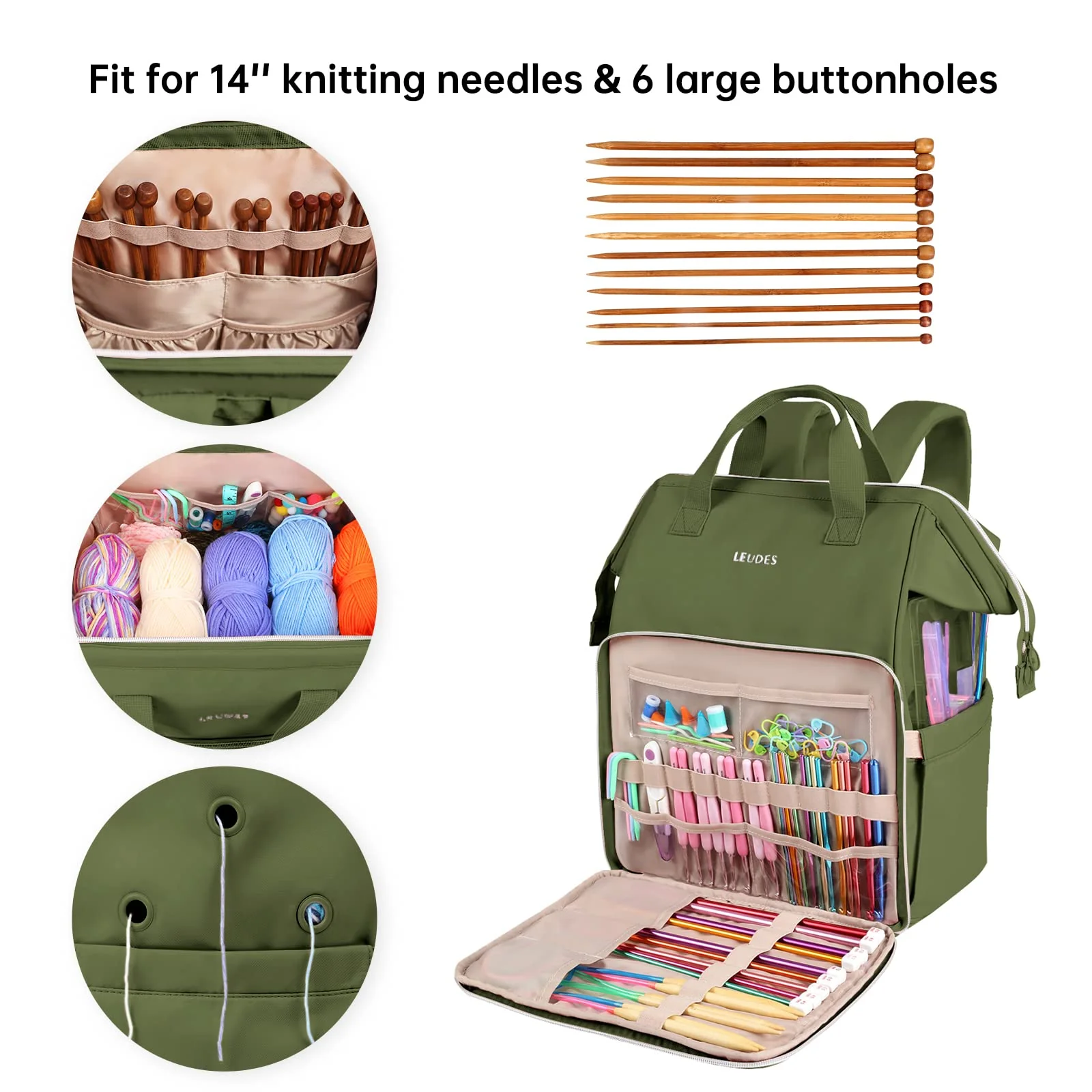 Leudes Knitting Bag Backpack,Yarn Storage Organizer Large Crochet Bag Tote Christmas Gift Yarn Holder Case for Carrying Projects,Knitting Needles (Army Green) - Image 5