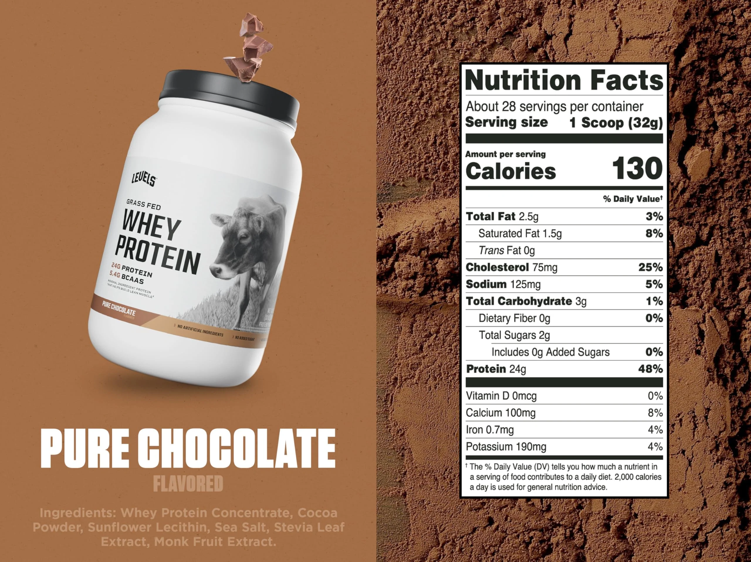 Levels Grass Fed Whey Protein Powder, No Artificials, 24G of Protein, Pure Chocolate, 2LB - Image 7