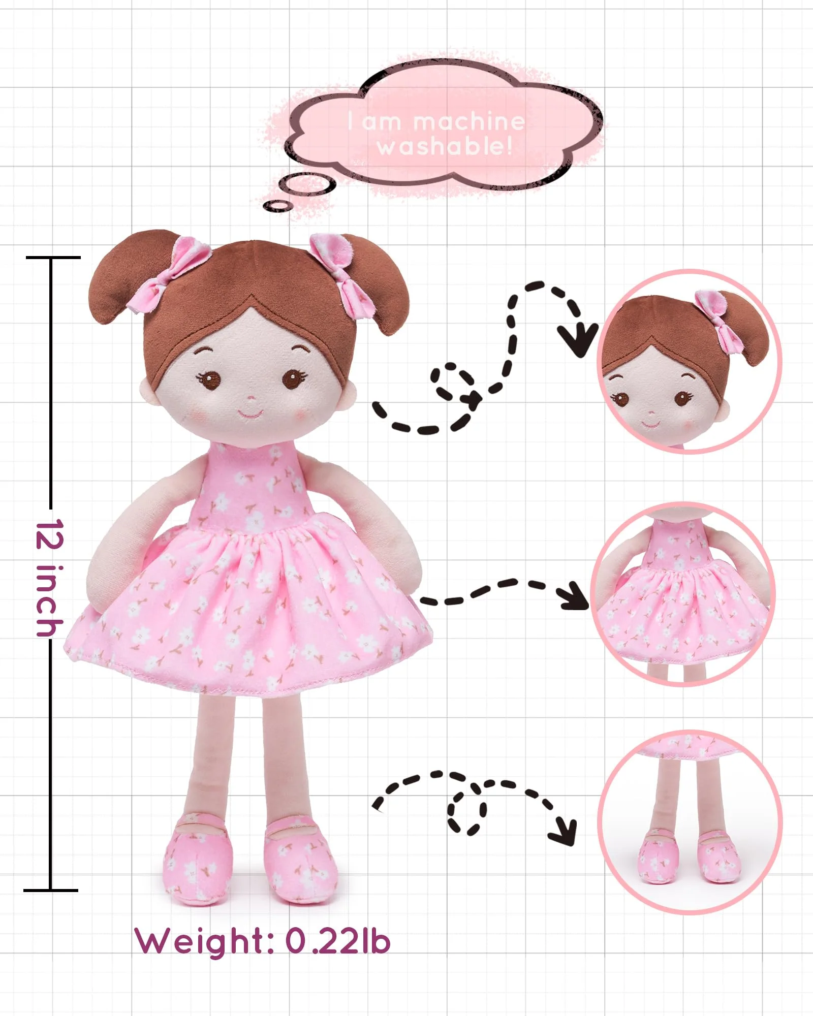LeyaDoll Soft Baby Doll Toys (12''), My First Baby Rag Doll for 1 Year-Old Girl Birthday Gift, Christmas Plush Toys Gift for Toddler Kids Infants -FloraBelle(Pink) - Image 6