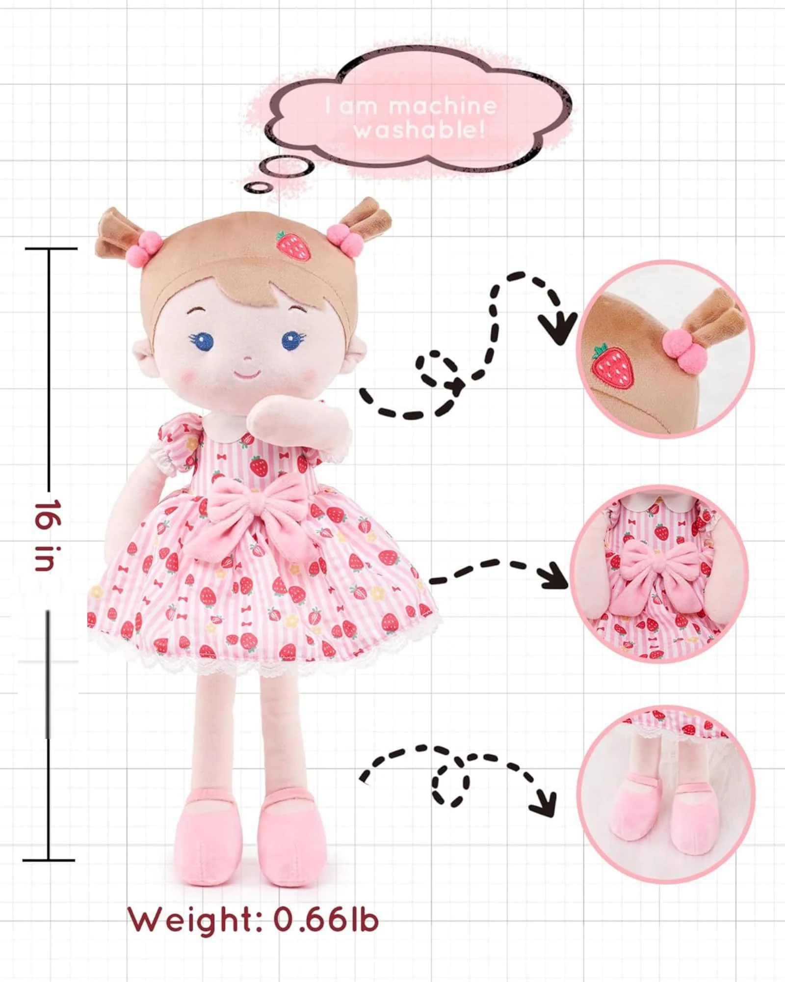 LeyaDoll Soft Baby Doll Toys (16''), My First Baby Rag Doll for 1 Year-Old Girl Birthday Gift, Christmas Plush Toys Gift for Toddler Kids Infants-Strawberry-Girl - Image 5