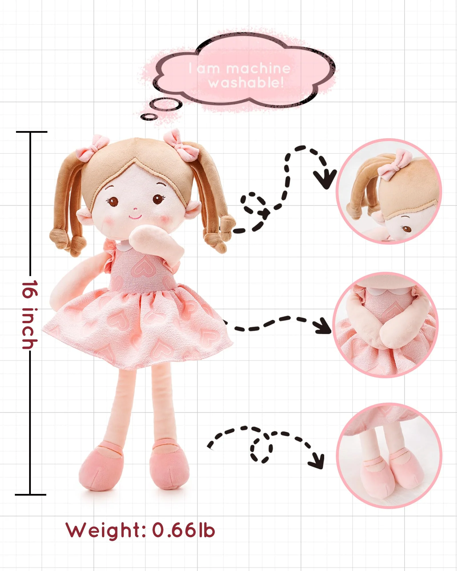 LeyaDoll Soft Baby Doll Toys (16''), My First Baby Rag Doll for 1 Year-Old Girl Birthday Gift, Christmas Plush Toys Gift for Toddler Kids Infants -Sweetheart Girl - Image 6