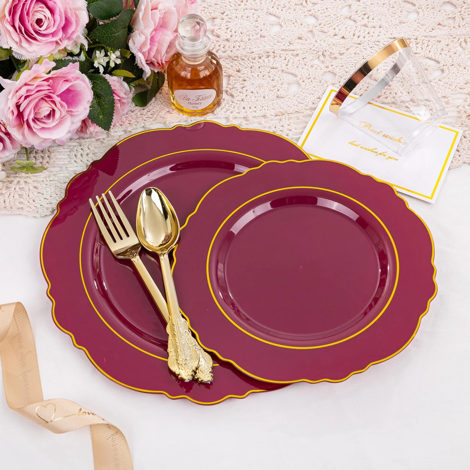 Liacere 350PCS Red Plastic Plates-Disposable Burgundy Red and Gold Plates 50guest Baroque Plastic Dinnerware include 100Plates, 50Pack Pre Rolled Napkins with Silverware 50Cups for Christmas - Image 4