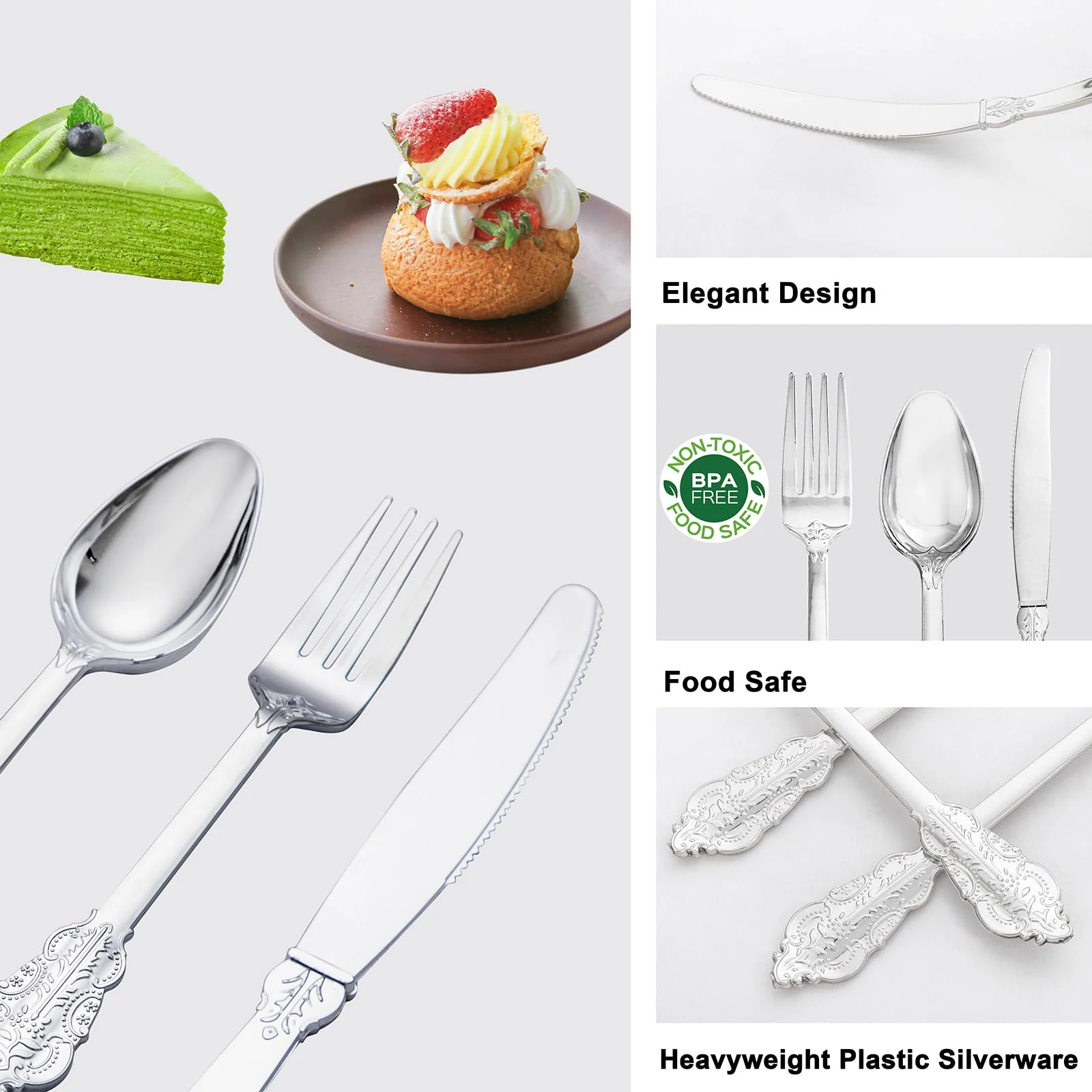 Liacere 400PCS Silver Plastic Silverware - Pre Rolled Napkins Disposable Silver Cutlery-Premium Quality Gold Plastic Utensils - Includes 100Forks,100Knives,100Spoons,100Napkins&Christmas - Image 4
