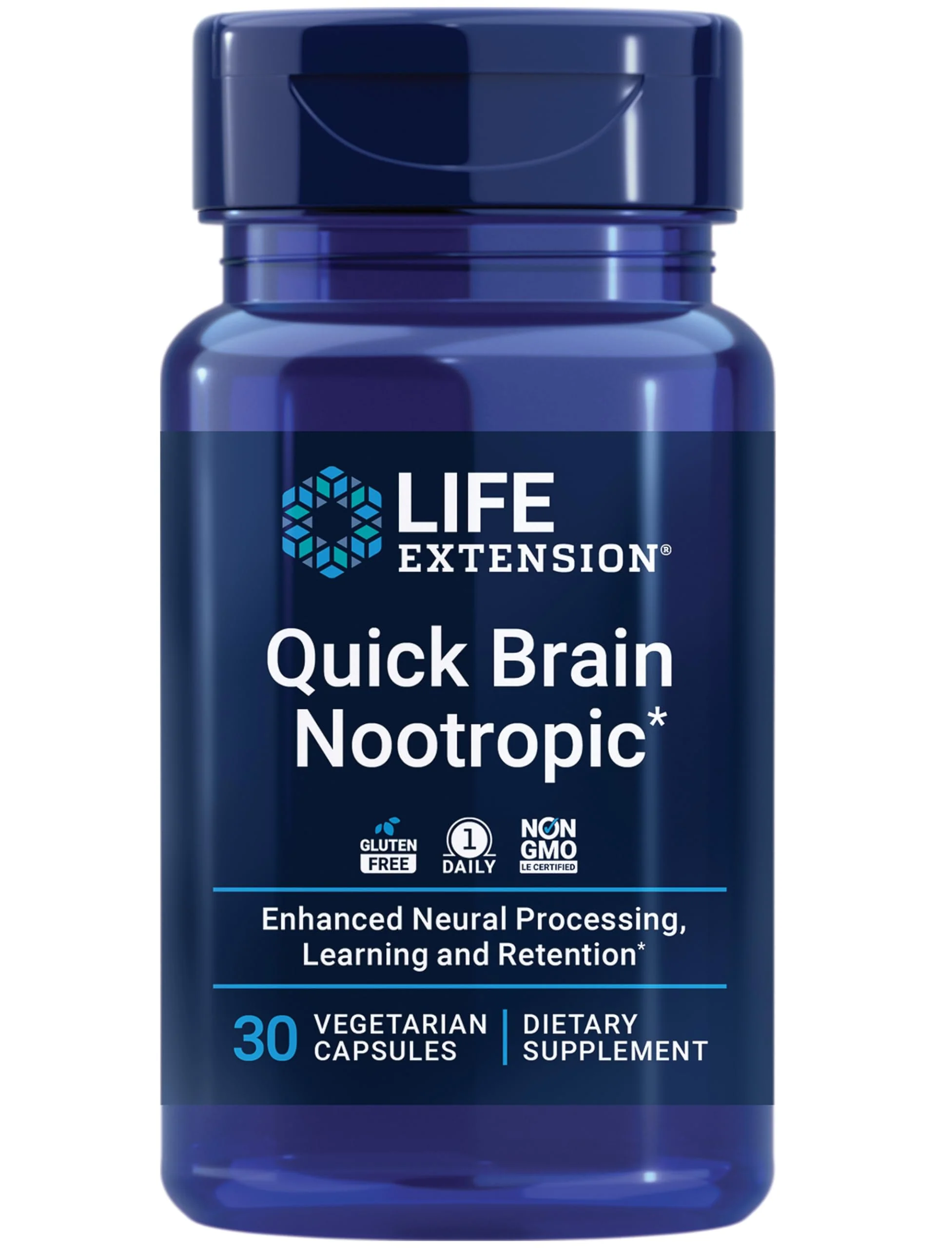 Life Extension Quick Brain Nootropic, 30 vegetarian capsules—Enhanced brain performance, learning and retention, brain supplement- 1-Daily, gluten-free, non-GMO