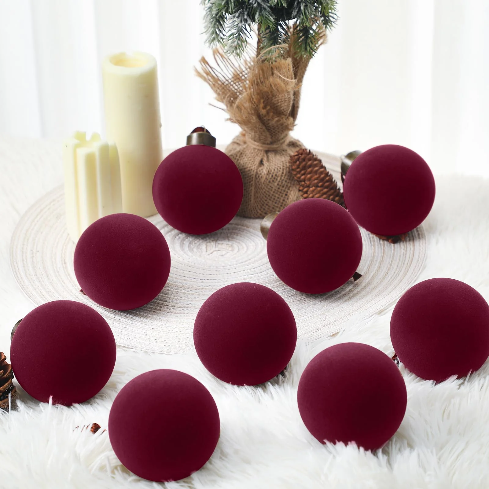 Liliful 15 Pcs Velvet Christmas Balls Bulk Flocked Christmas Tree Ball Ornaments Plastic Xmas Decorative Hanging Ornaments (Burgundy) - Image 2