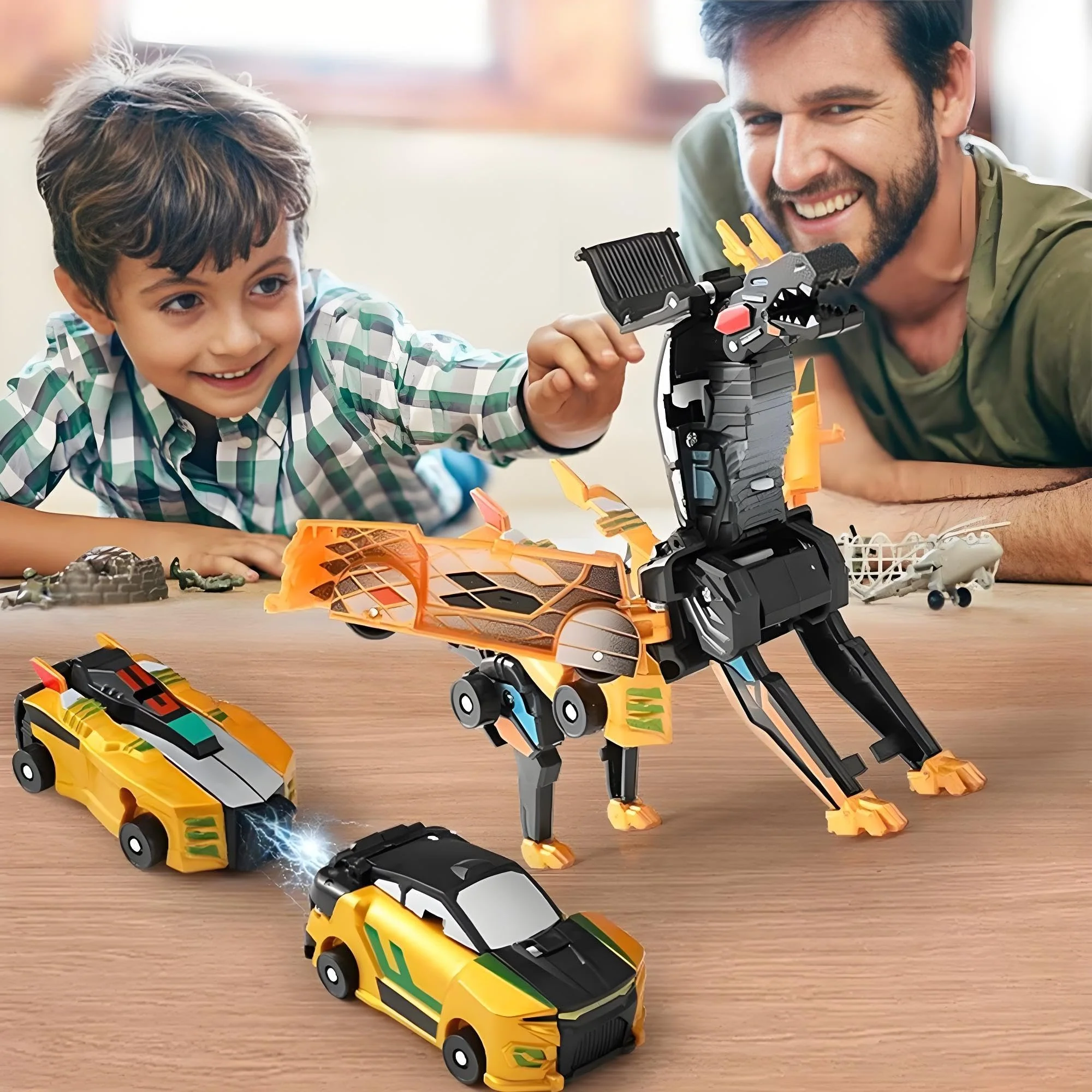 liluwushe 2-in-1 Collision Transformation Dinosaur Car Toy |Magnetic Cars Convertible Robot Toys|DinosaurToys for Kids 3-12 Ideal Christmas Birthday Gift for Boys (Golden Blue) - Image 2