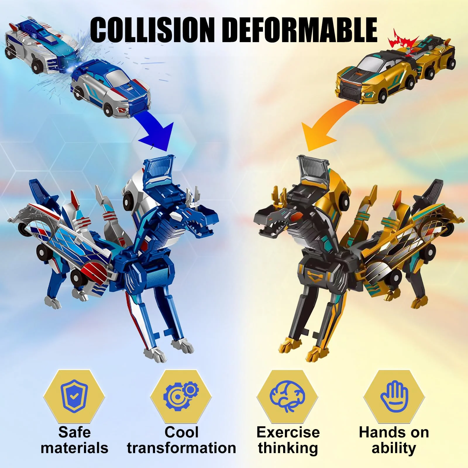 liluwushe 2-in-1 Collision Transformation Dinosaur Car Toy |Magnetic Cars Convertible Robot Toys|DinosaurToys for Kids 3-12 Ideal Christmas Birthday Gift for Boys (Golden Blue) - Image 7