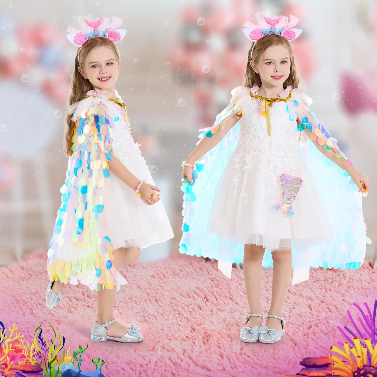 LIMIROLER Princess Dress Up Toys Princess Dress Up Clothes Rainbow Mermaid Cape Kit 9 Pcs Gift Set for Little Girls 3-8 Years Old, Great Gift Set for Birthday Christmas Halloween (Rainbow Pink) - Image 3