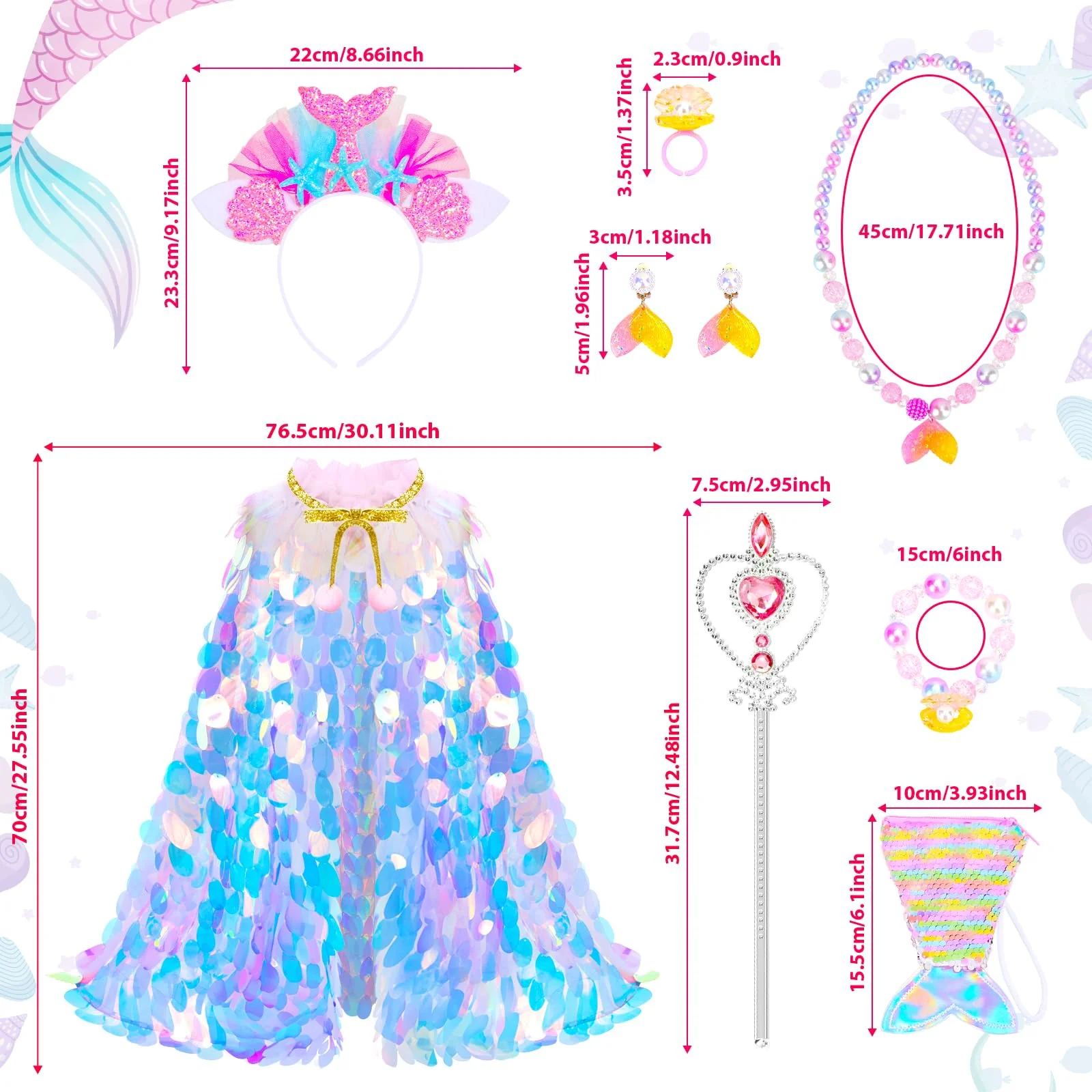 LIMIROLER Princess Dress Up Toys Princess Dress Up Clothes Rainbow Mermaid Cape Kit 9 Pcs Gift Set for Little Girls 3-8 Years Old, Great Gift Set for Birthday Christmas Halloween (Rainbow Pink) - Image 6