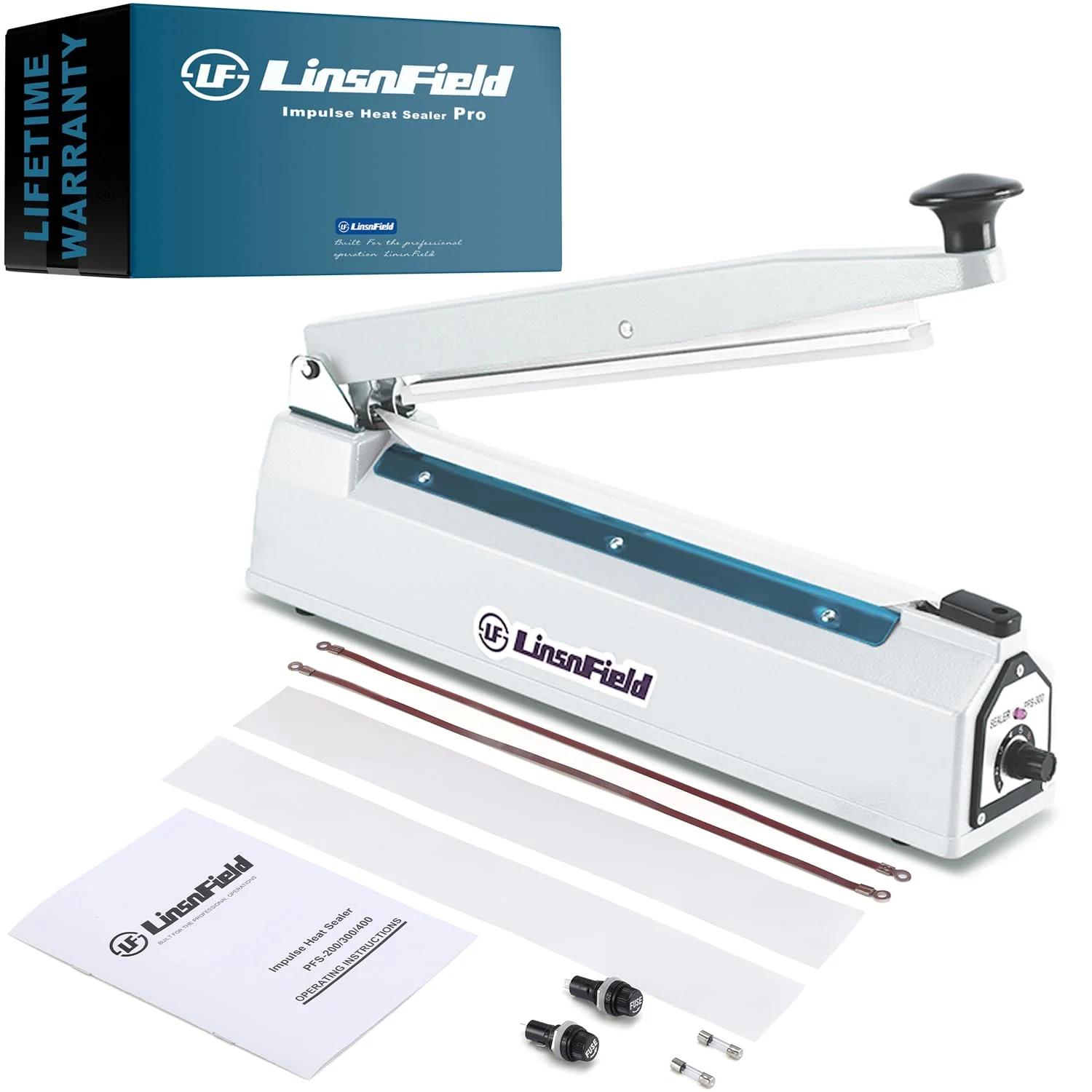 LinsnField Sealer Pro, 12-inch Super Impulse Heat Bag Sealer, 7-mm Sealing System with Patent for Never Burn Out, Antioxidant Aluminium Shield, Copper Transformer, Built-in Fuse Safety System, White