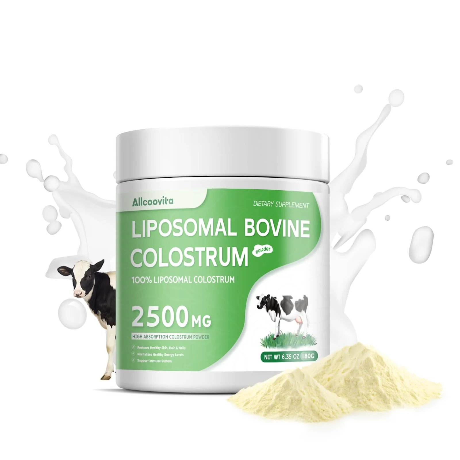 Liposomal Bovine Colostrum Powder - Pure Bovine Colostrum for Humans - Grass Fed Colostrum Supplement for Gut Support, Immune Health and Hair Growth,72 Servings per Bottle.180g/6.35 oz