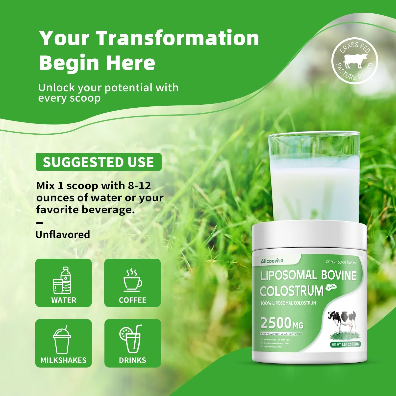 Liposomal Bovine Colostrum Powder - Pure Bovine Colostrum for Humans - Grass Fed Colostrum Supplement for Gut Support, Immune Health and Hair Growth,72 Servings per Bottle.180g/6.35 oz - Image 3