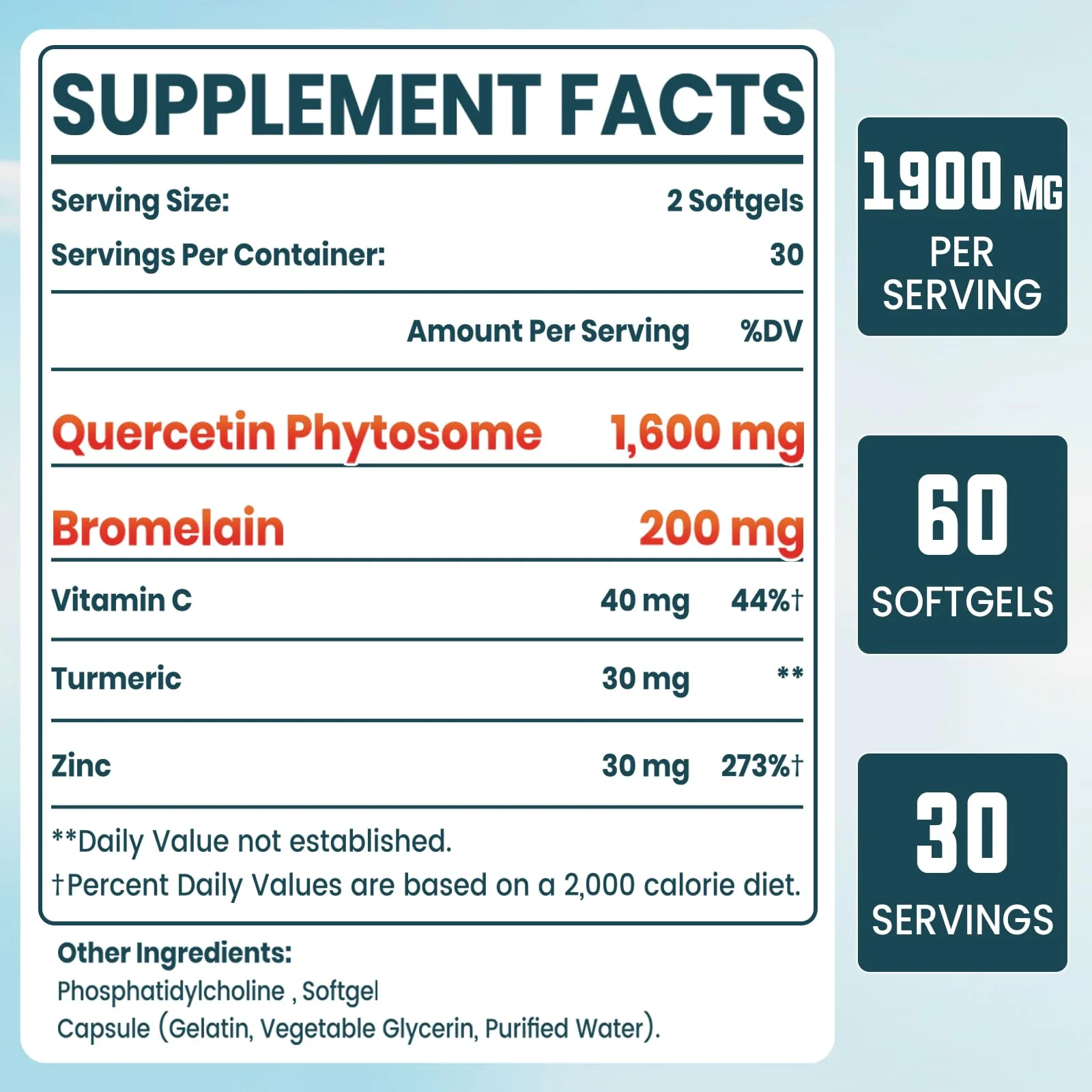 Liposomal Quercetin Phytosome, Quercetin with Bromelain, Zinc & Vitamin C, Bioactive Phytosome Complex, 20X Higher Absorption - 60 Softgels - Image 2