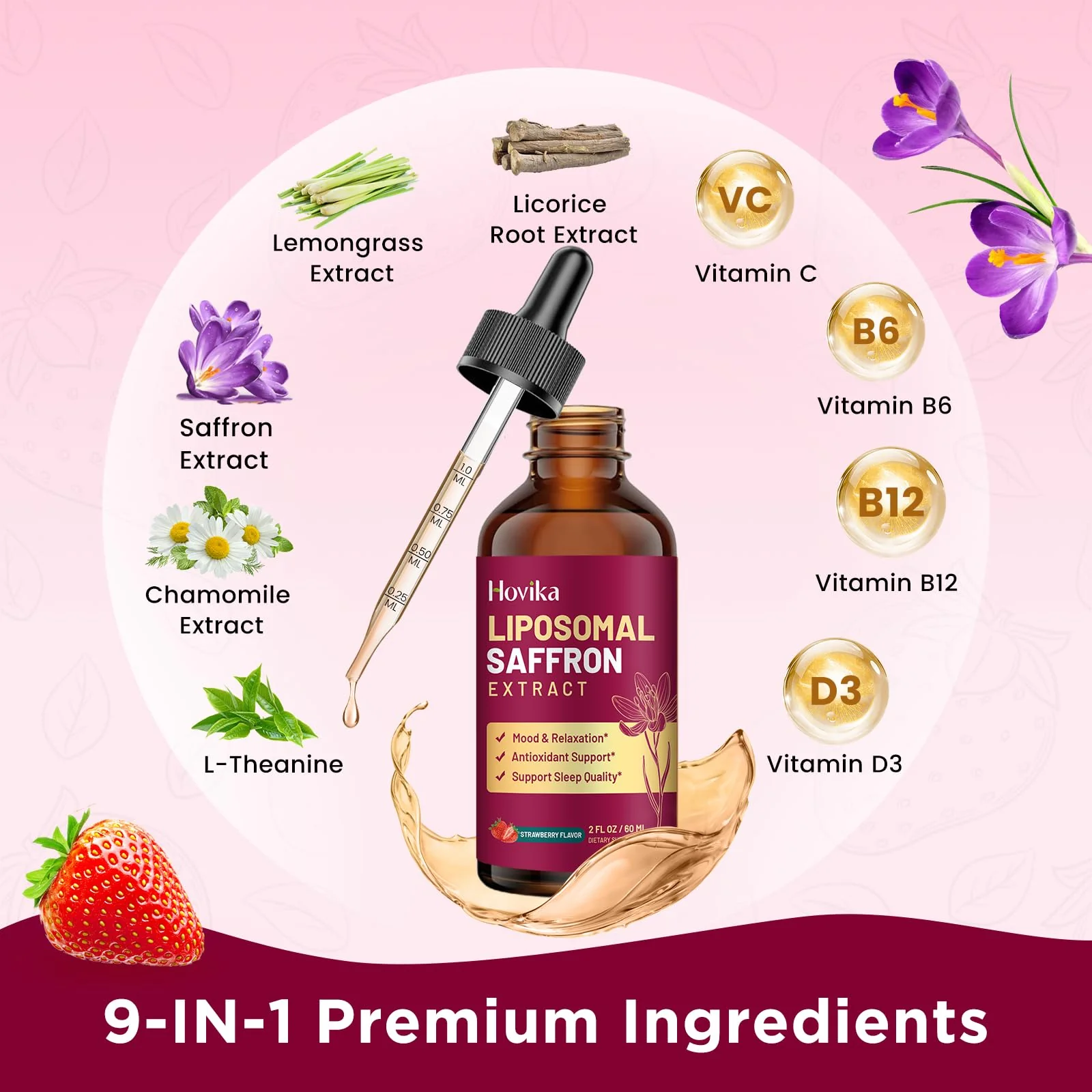 Liposomal Saffron Supplements - 88.5mg Saffron Extract Liquid Drops with L-Theanine, Chamomile, Vitamin C, B6, B12 & D3 for Antioxidant, Immune, Mood, Energy, Focus & Sleep - 2 Fl Oz Strawberry Flavor - Image 2