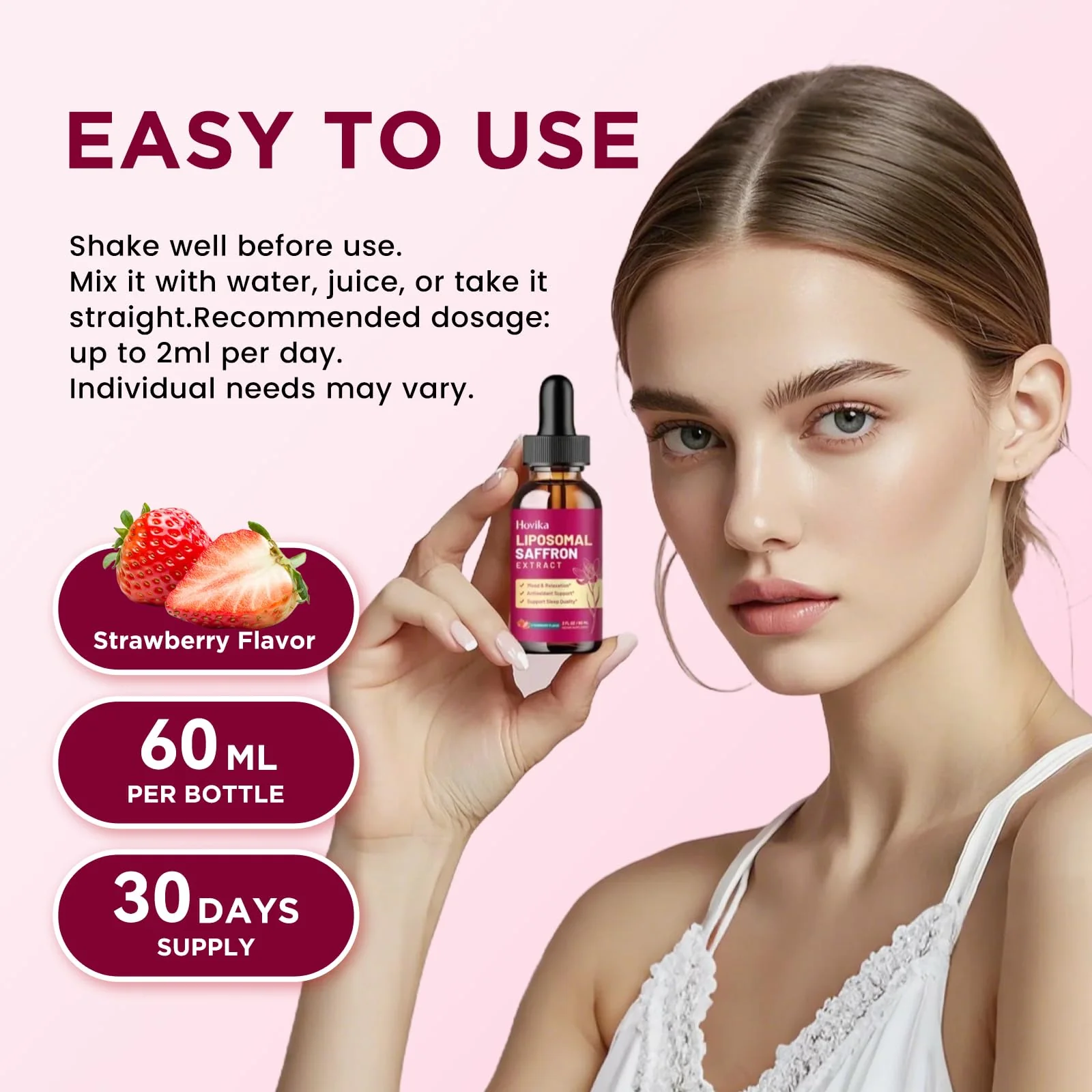 Liposomal Saffron Supplements - 88.5mg Saffron Extract Liquid Drops with L-Theanine, Chamomile, Vitamin C, B6, B12 & D3 for Antioxidant, Immune, Mood, Energy, Focus & Sleep - 2 Fl Oz Strawberry Flavor - Image 3
