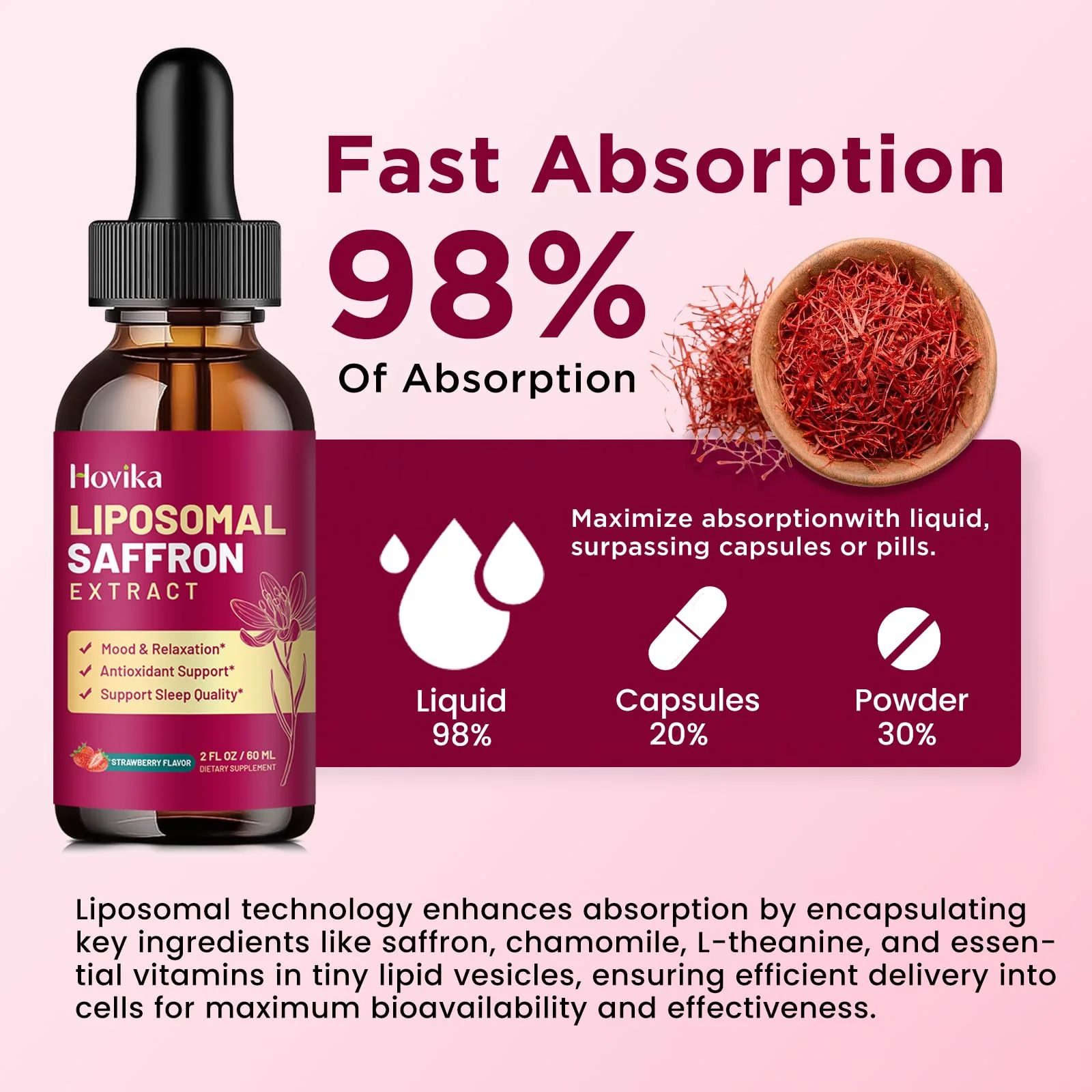 Liposomal Saffron Supplements - 88.5mg Saffron Extract Liquid Drops with L-Theanine, Chamomile, Vitamin C, B6, B12 & D3 for Antioxidant, Immune, Mood, Energy, Focus & Sleep - 2 Fl Oz Strawberry Flavor - Image 4