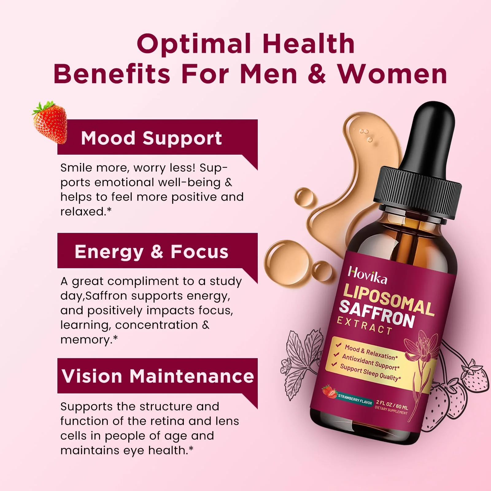 Liposomal Saffron Supplements - 88.5mg Saffron Extract Liquid Drops with L-Theanine, Chamomile, Vitamin C, B6, B12 & D3 for Antioxidant, Immune, Mood, Energy, Focus & Sleep - 2 Fl Oz Strawberry Flavor - Image 5