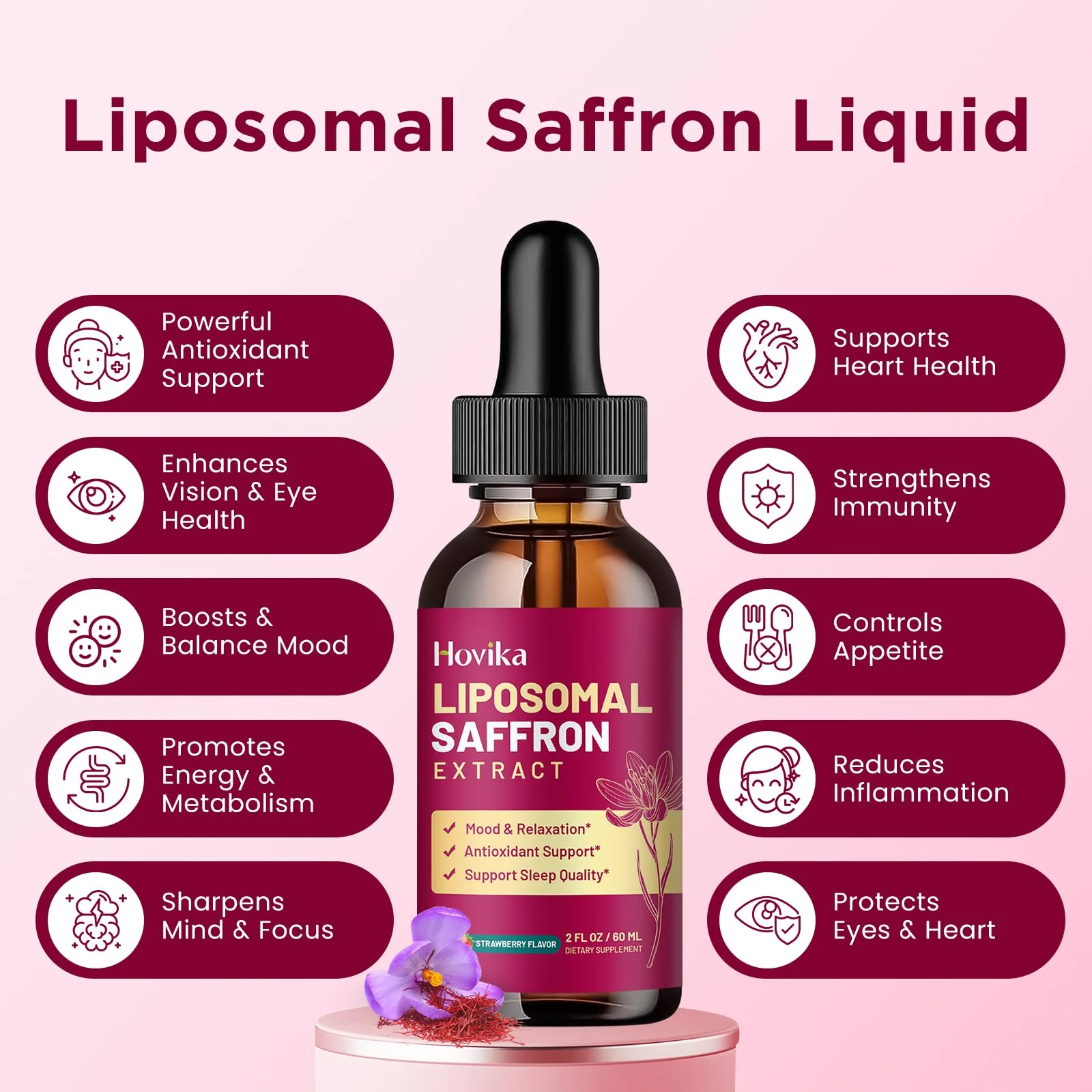 Liposomal Saffron Supplements - 88.5mg Saffron Extract Liquid Drops with L-Theanine, Chamomile, Vitamin C, B6, B12 & D3 for Antioxidant, Immune, Mood, Energy, Focus & Sleep - 2 Fl Oz Strawberry Flavor - Image 6