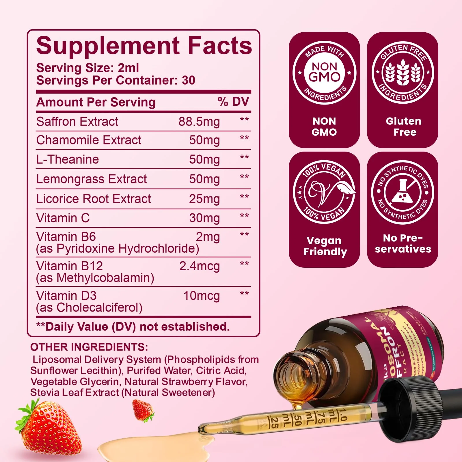 Liposomal Saffron Supplements - 88.5mg Saffron Extract Liquid Drops with L-Theanine, Chamomile, Vitamin C, B6, B12 & D3 for Antioxidant, Immune, Mood, Energy, Focus & Sleep - 2 Fl Oz Strawberry Flavor - Image 7