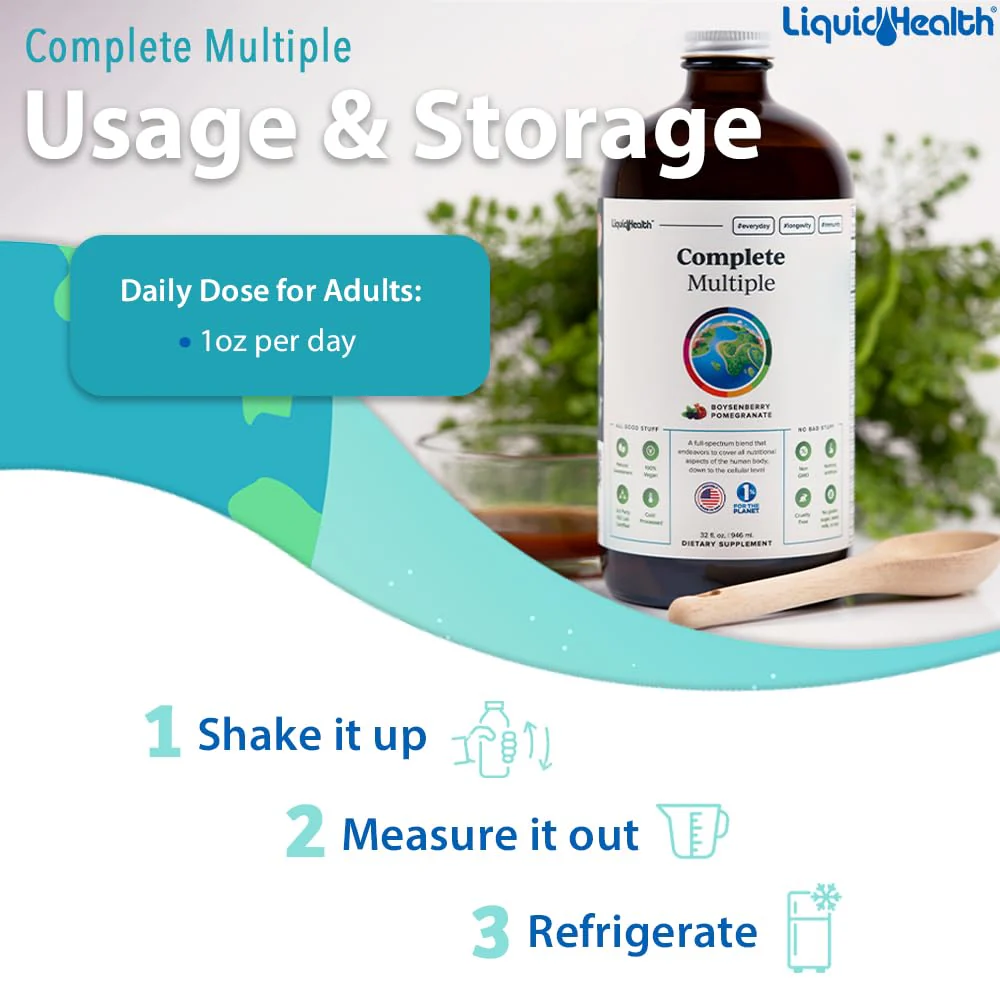 LIQUIDHEALTH Complete Multiple Adult Liquid Multivitamin - Essential Vitamins, Minerals & Nutrients, Immune Support, Gut Health, Energy, Detox - Made in USA, Vegan, Non-GMO, Sugar-Free (32 oz) - Image 4