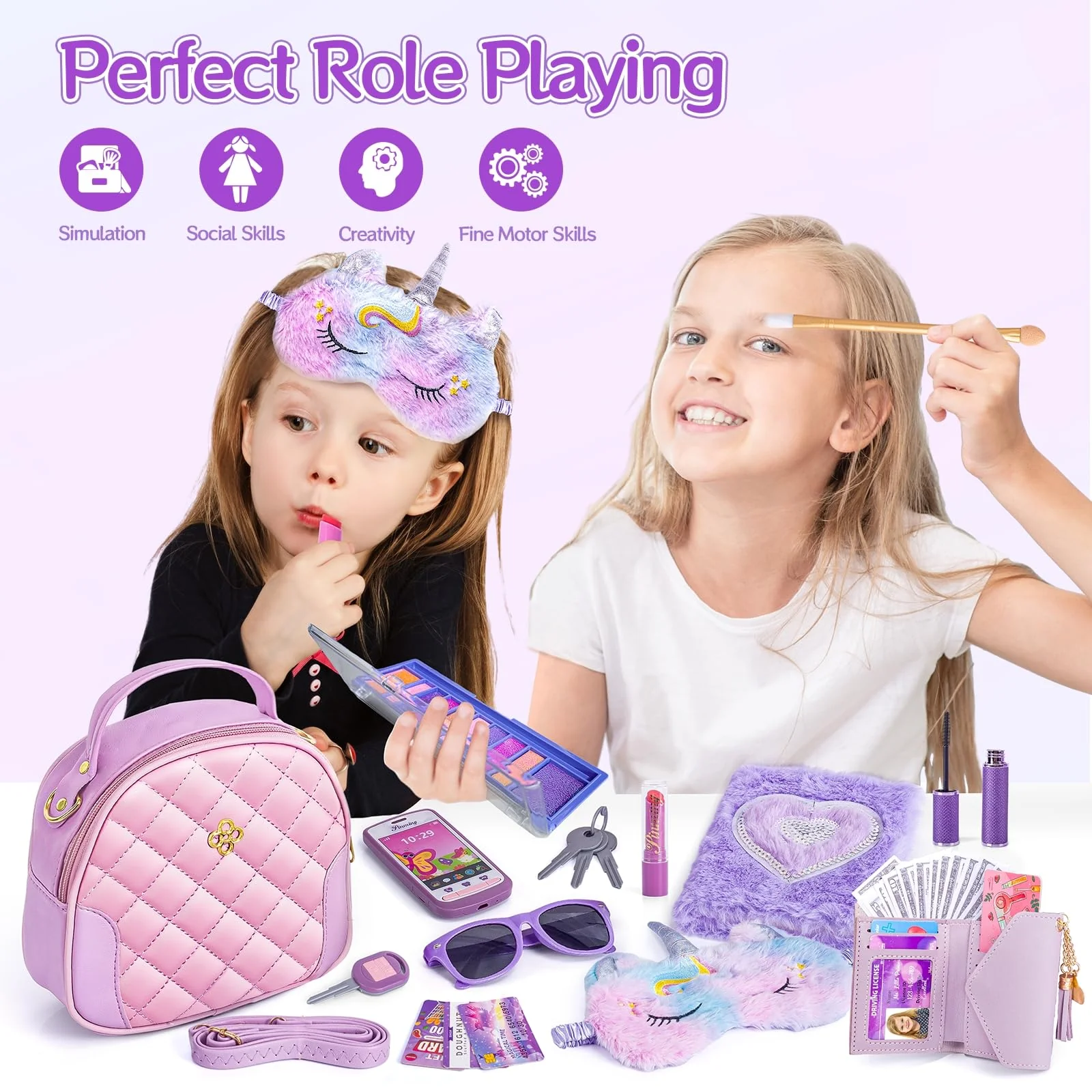 Little Girl Purse Accessories, My First Purse Set - Play Makeup Princess Plush Diary Unicorn Eye Mask Wallet Phone Pretend Credit Cards Kids Pretend Play Christmas Toy Gift for Girl Age 3+ - Image 4